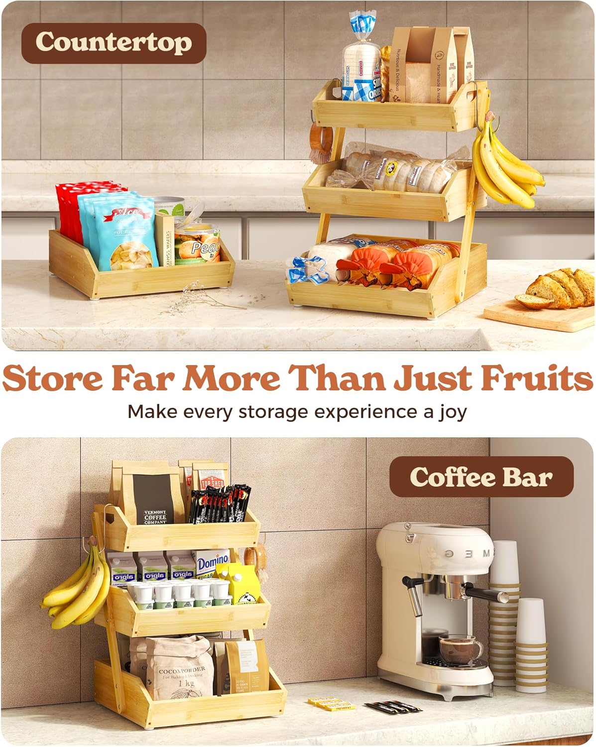 3 Tier Large Bamboo Fruit Basket for Kitchen Counter with 2 Banana Holders, Kitchen Countertop Organizer with Protective Mats, Tiered Fruit Bowl for Bread Snack Veggies with Dividers