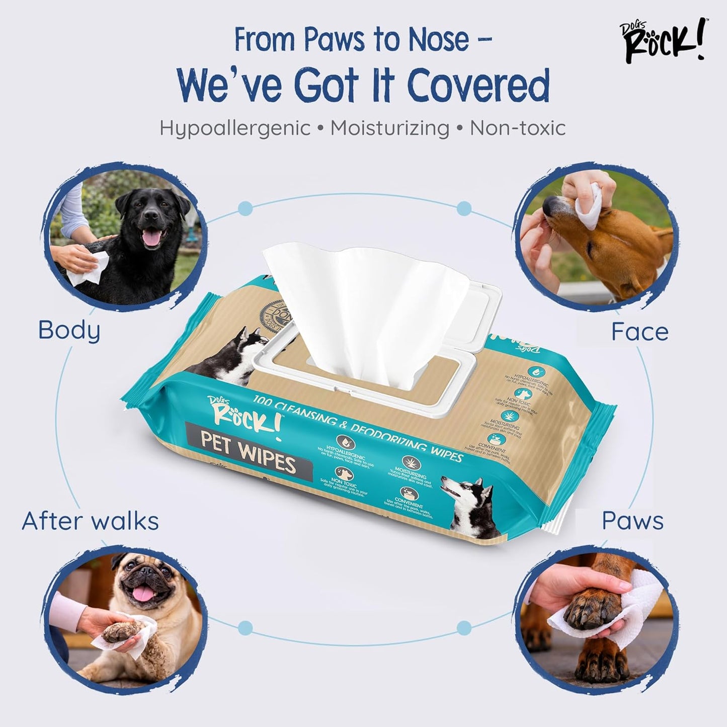 Dogs Rock! Pet Wipes for Dogs – 100 Count Hypoallergenic Dog Wipes for Paws, Face, Ears & Body – Unscented, Alcohol-Free, Thick & Gentle with Aloe