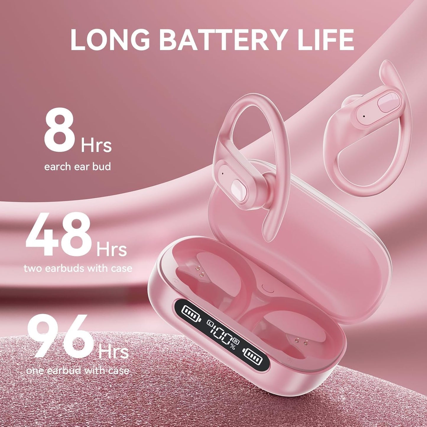 occiam Active Noise Cancelling Wireless Earbuds Bluetooth Headphones Ear Buds 96Hrs Playback Clear Call Waterproof Earphones with Ear Hook Microphones for Sport Running Pink