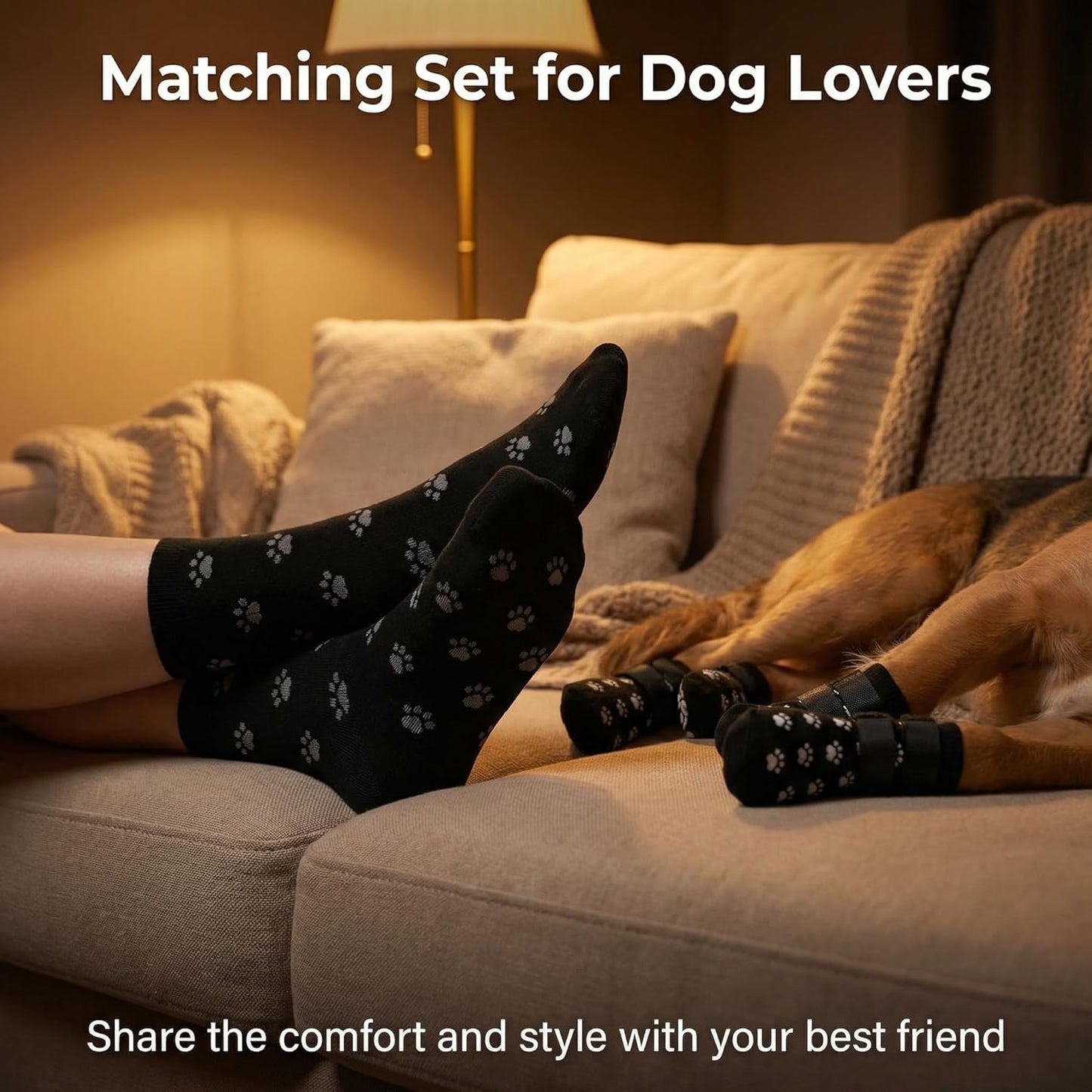Advanced Anti-Slip Dog Socks & Dog Boots, Adjustable Dog Shoes for Hardwood Floors, Soft Fabric Paw Protectors for Senior Dogs Matching Owner Socks Gift Set (Size L)
