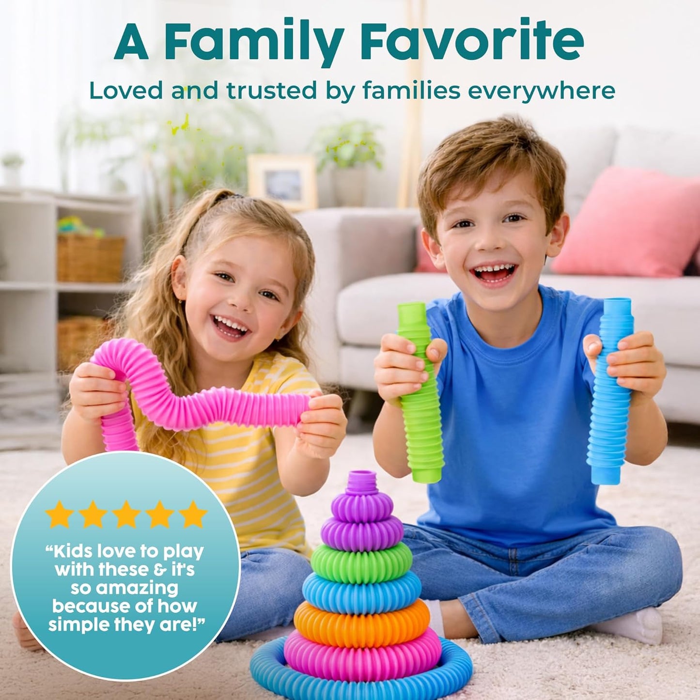 BUNMO Easter Basket Stuffers - Pop Tubes - Fidget Sensory Toys - Creative Learning - Hours of Fun for Kids - Easter Basket Stuffers for Toddler- Tons of Ways to Play - Non-Mouthable 3+ - 4 Pack Large