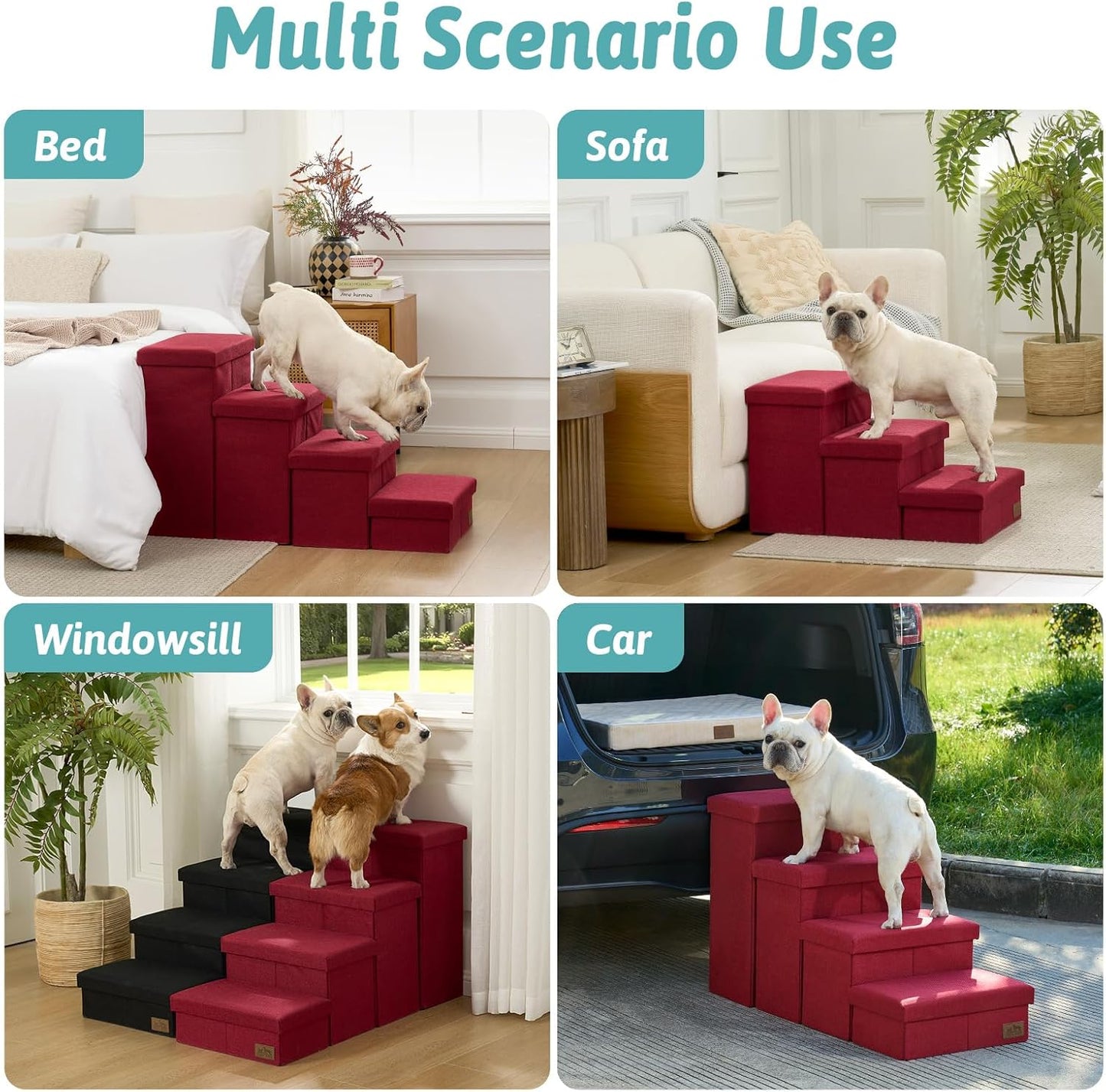 Dog Stairs with Storage, 3-Step Wider Sturdy Dog Steps for Small/Medium/Large Dogs and Older Cats, Folding Doggie Ramp for Bed/Couch/Car Hold Up to 180 lbs (16.7" H, Burgundy)