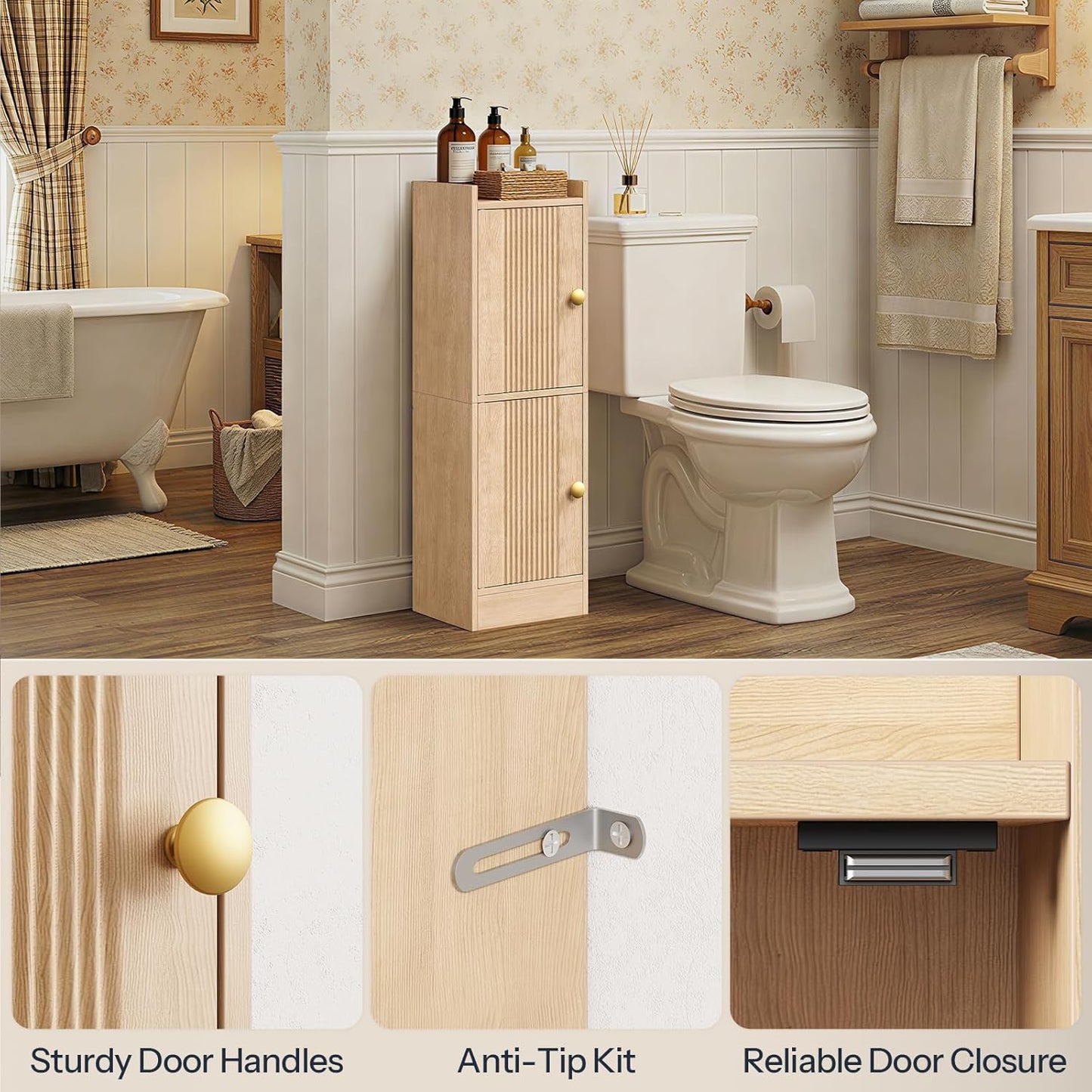 HOOBRO Small Bathroom Storage Cabinet, 9.8" W x 7.9" D x 30.7" H Small Cabinet for Bathroom with Doors, Farmhouse Floor Cabinet with 2 Adjustable Shelves, Narrow Toilet Paper Cabinet, Natural