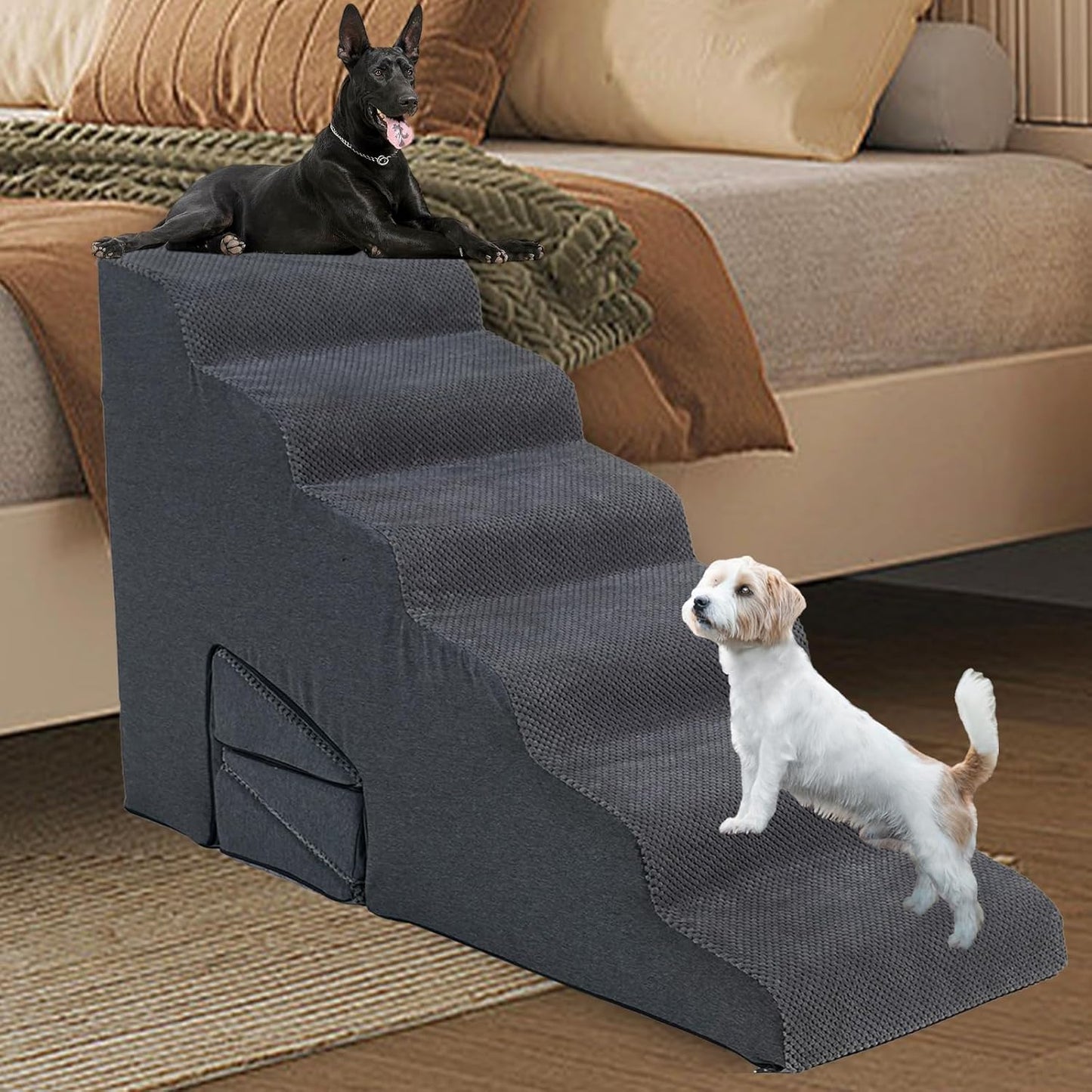 Dog Stairs for High Bed, 30 Inch Height 6 Steps Soft Foam Spliced Dog Steps for Bed, Non-Slip Sturdy Pet Stairs with 3 Pack Ramps for Staircase, Ramp for Small, Older Dogs - Grey