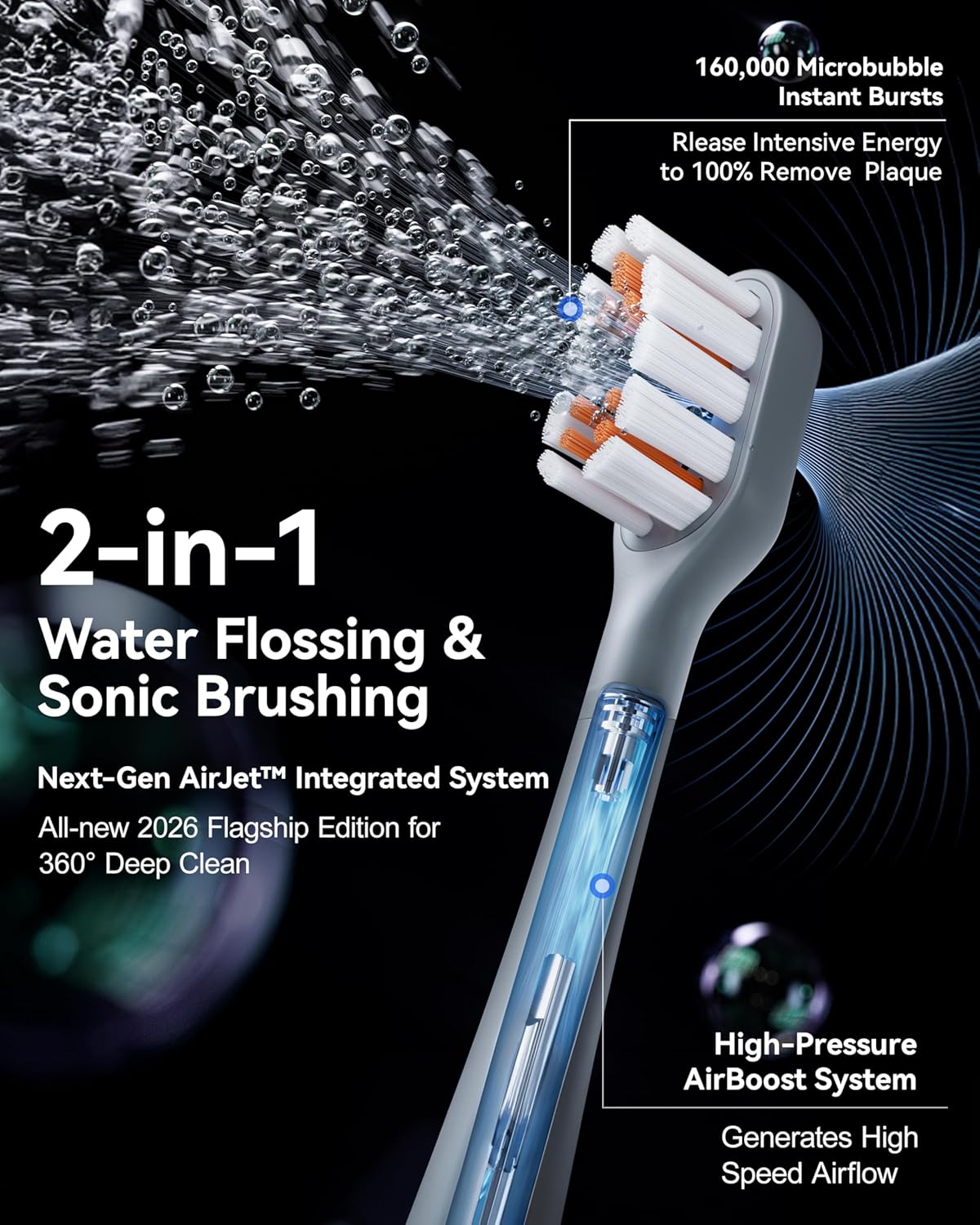 RANVOO AirJet X3 [AI Max Jet Clean] [Flossing & Sonic Brushing 2-in-1] Electric Toothbrush for Adults, 100% Plaque Removal, Whitening, 60-Day Battery, Soft & Gum Care, for Sensitive Teeth/Braces Gray