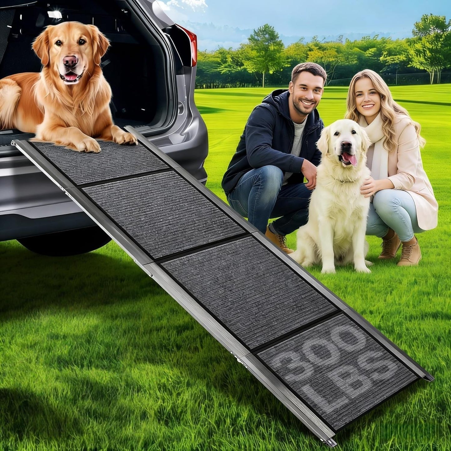Dog Ramp for Large Pets, 71'' * 17'' Felt Surface Pet Car Ramp & Stairs, Non-Slip Design Protects Joints, Portable 300 Lbs Capacity for SUV, Truck, High Profile Vehicles
