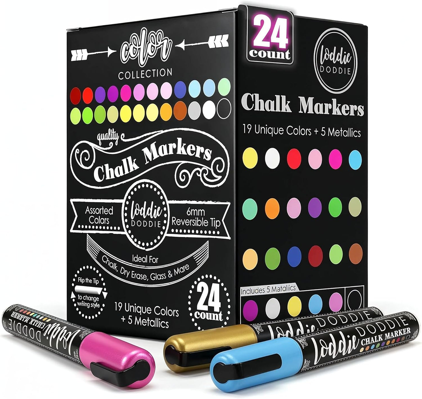 Loddie Doddie Chalk Markers - Pack of 24, 6mm Reversible Tips - Liquid Chalk Pens for Glass & Windows - Dry Erase Chalkboard Markers for Blackboard & Calendars - Non-Toxic Pens for Art & Decor