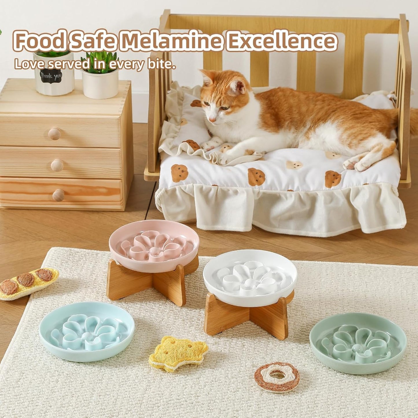 Elevated Slow Feeder Cat Bowl - Melamine Cat Dish with Anti-Slip Bamboo Stand - Whisker Friendly Feeding Bowl - Floral Maze Food Plate for Slow Eating - Pink