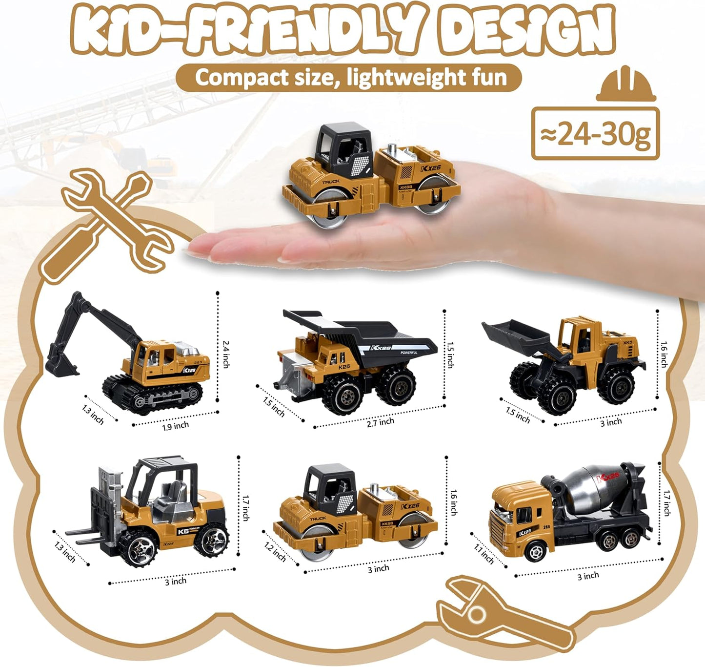 Construction Trucks Vehicles, 6Pcs Die-cast Construction Toys Set, Toys for Boys, Mini Excavator Mixer Truck Bulldozers Forklift Dump Truck,Roller, Car Playset Gift for Boys Age 3-9
