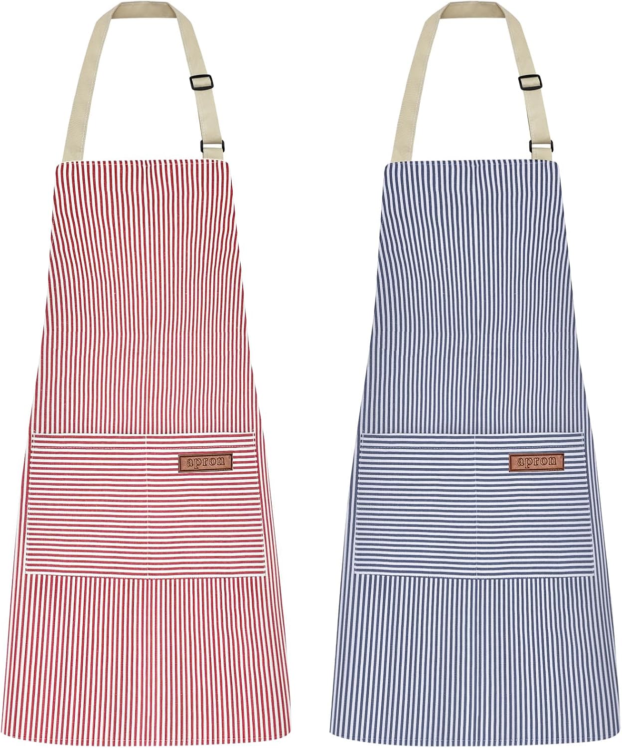 2Pack Adjustable Kitchen Apron for Women Men with 2 Pockets，Cotton-Polyester Blend Bib Aprons for Cooking,Baking