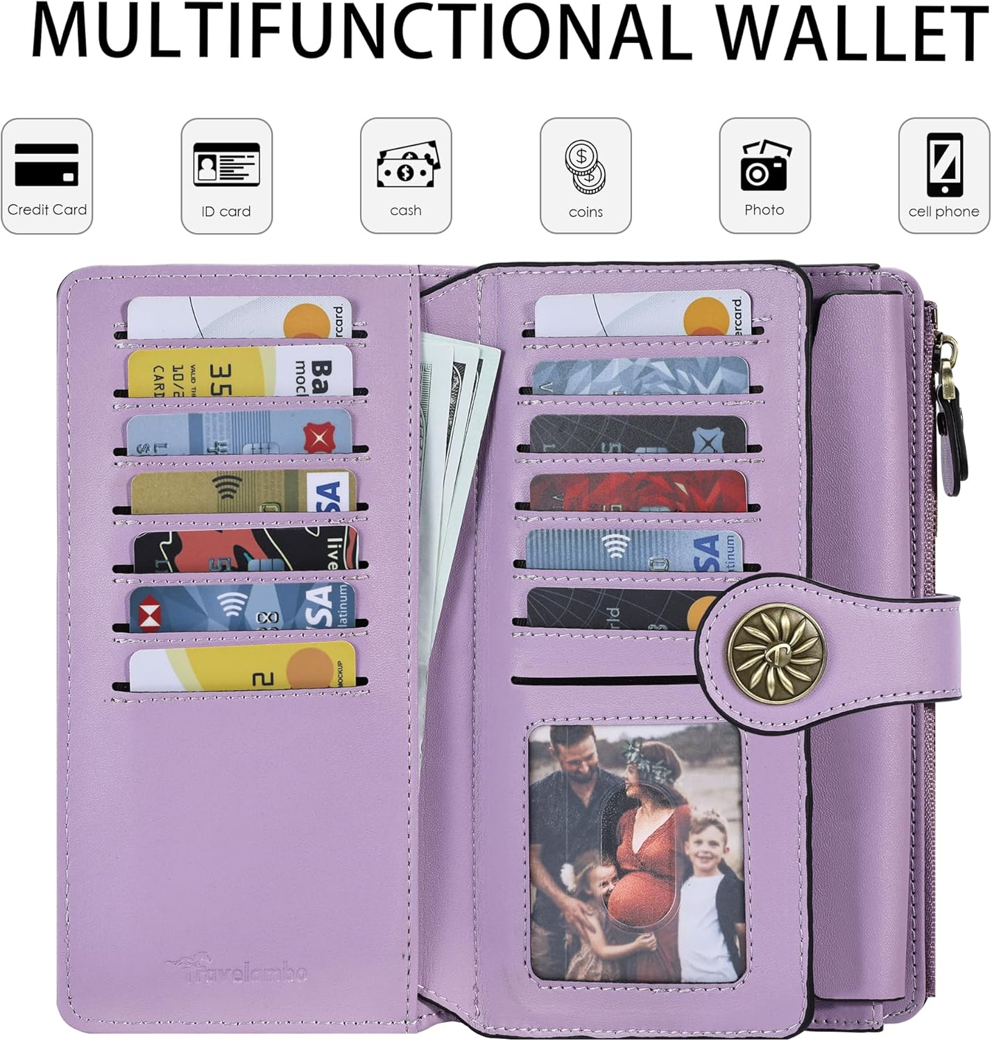 Travelambo Women's Wallet RFID Blocking Trifold Clutch Large Capacity Credit Card Holder Travel Purse