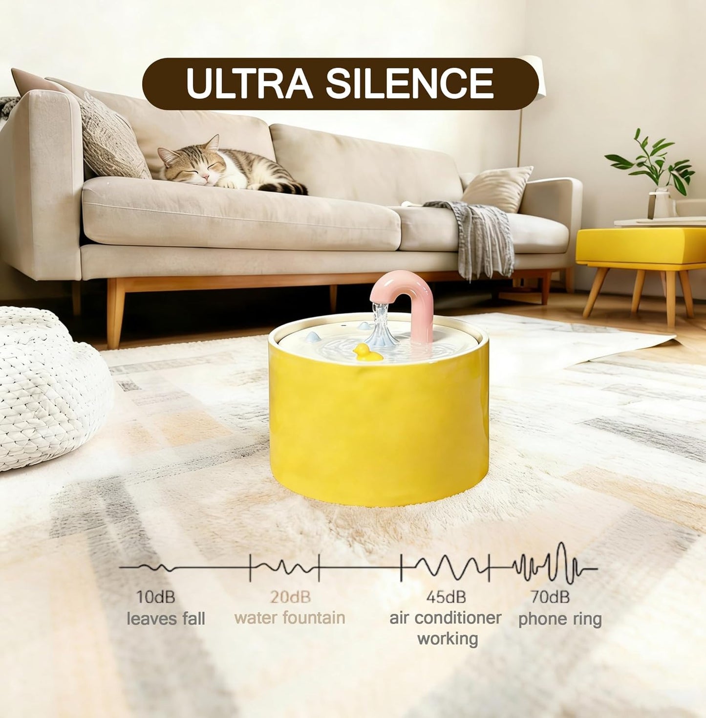 Ceramic Cat Water Fountain, 50oz/1.5L Yellow Ultra-Silent Automatic Pet Water Bowl Fountain Cat Water Dispenser for Pet Drinking Indoor with Cute Design, Activated Carbon Filter Perfect for Cats