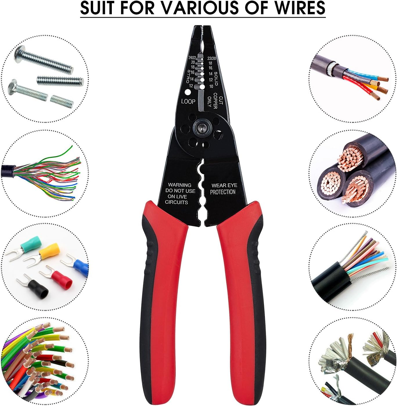 WGGE WG-015 Professional 8-inch Wire Stripper/Crimping Tool, Cable Cutter/Crimper, Wiring and Multi-Function Hand Tool, Red With Black