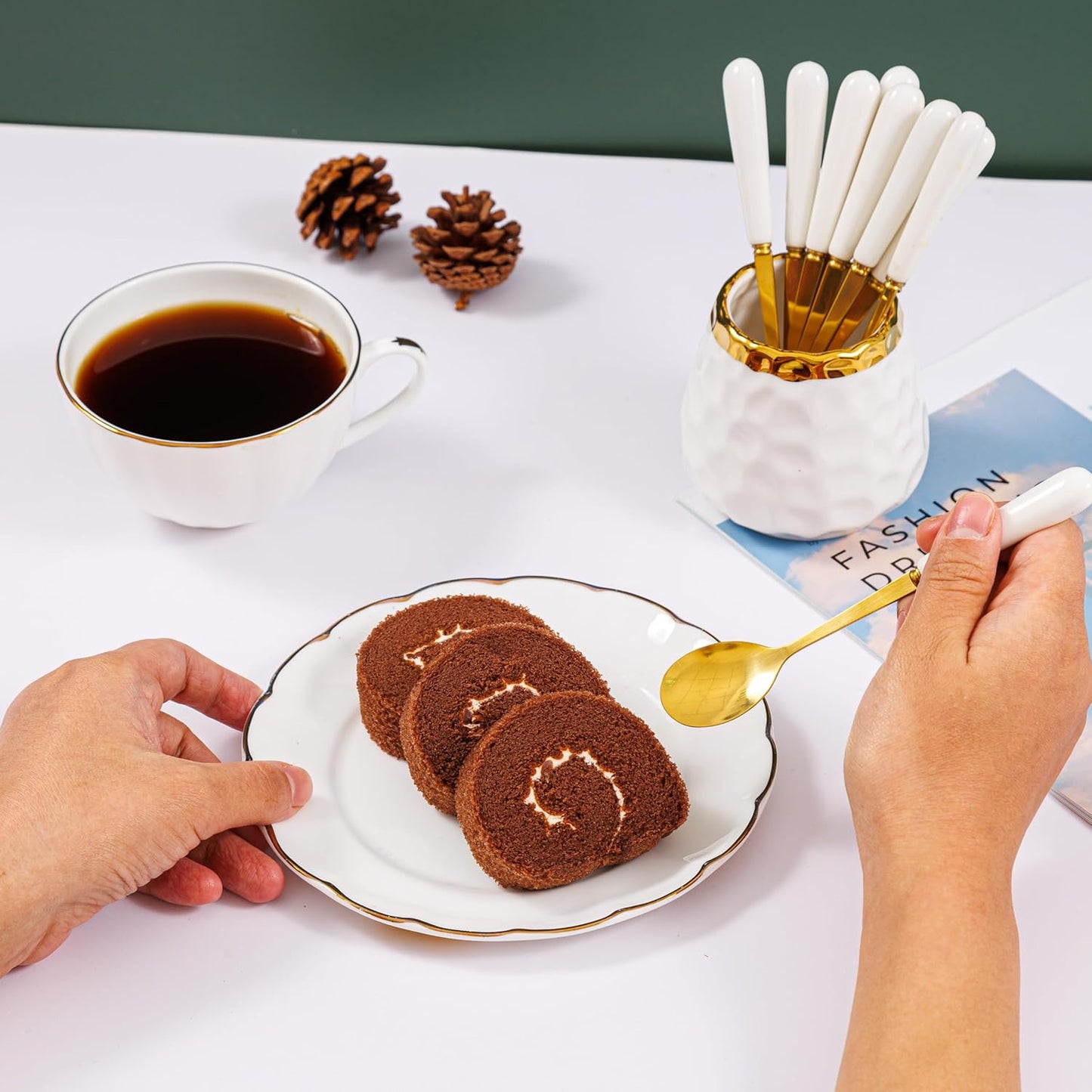 Coffee Spoon Set,Ceramic Jar with 8 Small Spoons for Coffee,Tea,Ice Cream,Cake,Flatware Set (White gold jar+8 spoons)