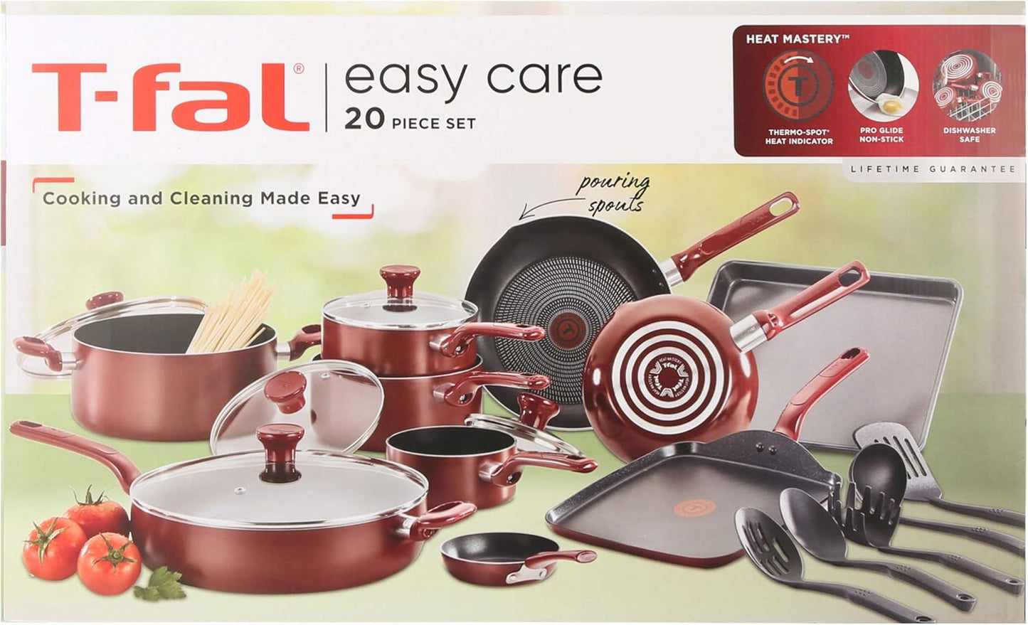 T-fal Everything in Kitchen Dishwasher Safe Cookware Set, 20-Piece, Red