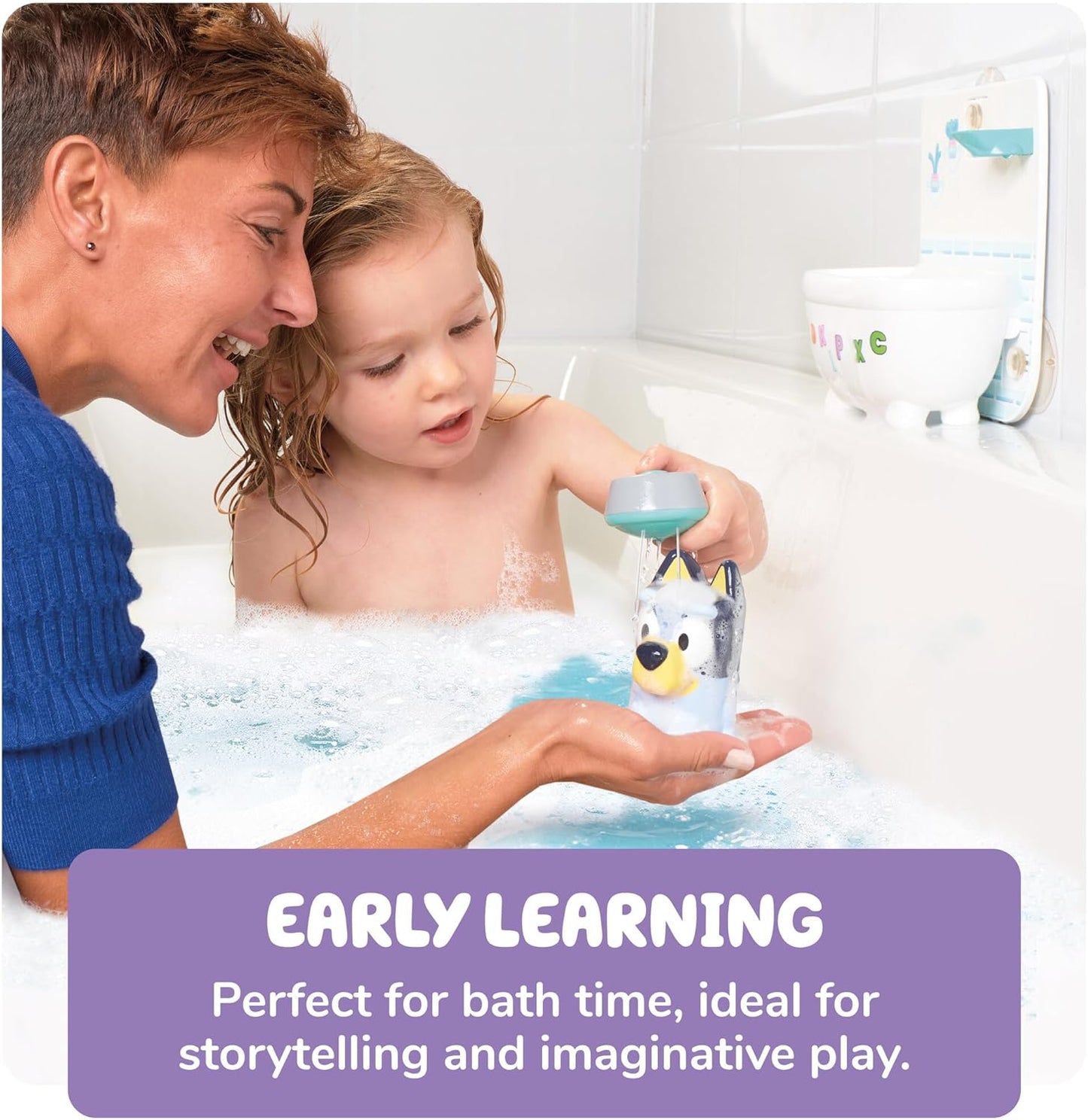 TOMY Toomies Shower & Scrub Bluey - Create Your Own Bubbles - Includes Rinsing Showerhead and Removable Bluey Toy - Interactive Bath Toys - Toddler Easter Basket Fillers - Ages 18 Months and Up