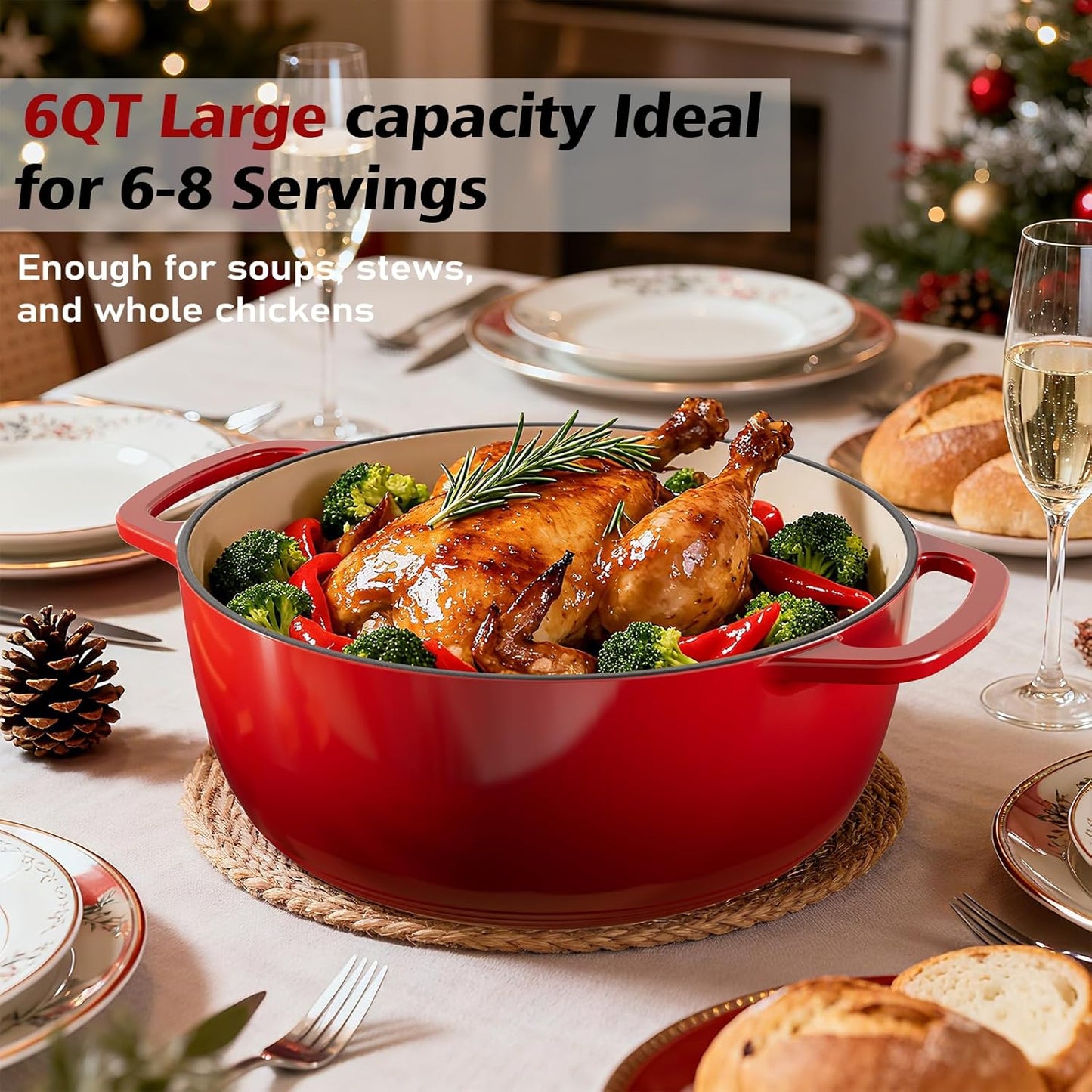 Umite Chef 6QT Enameled Cast Iron Dutch Oven with Lid, Versatile Heavy-Duty Cookware Pot for Baking Bread, Braising, Soups & Stews, Oven & Stovetop Safe with Heat Resistant Gloves（Red）