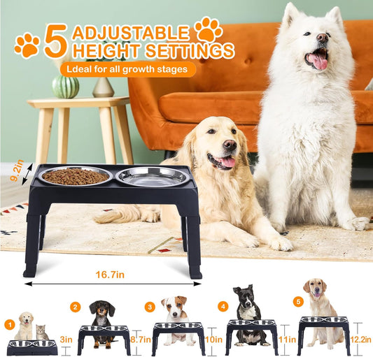 Elevated Dog Bowls, Raised Bowl with 2 Stainless Steel Food Bowls, Dog Bowls Stand Adjusts to 5 Heights 2.95", 8.46", 9.65", 10.82", 12.01" for Small Medium Large Cats Pets,Black