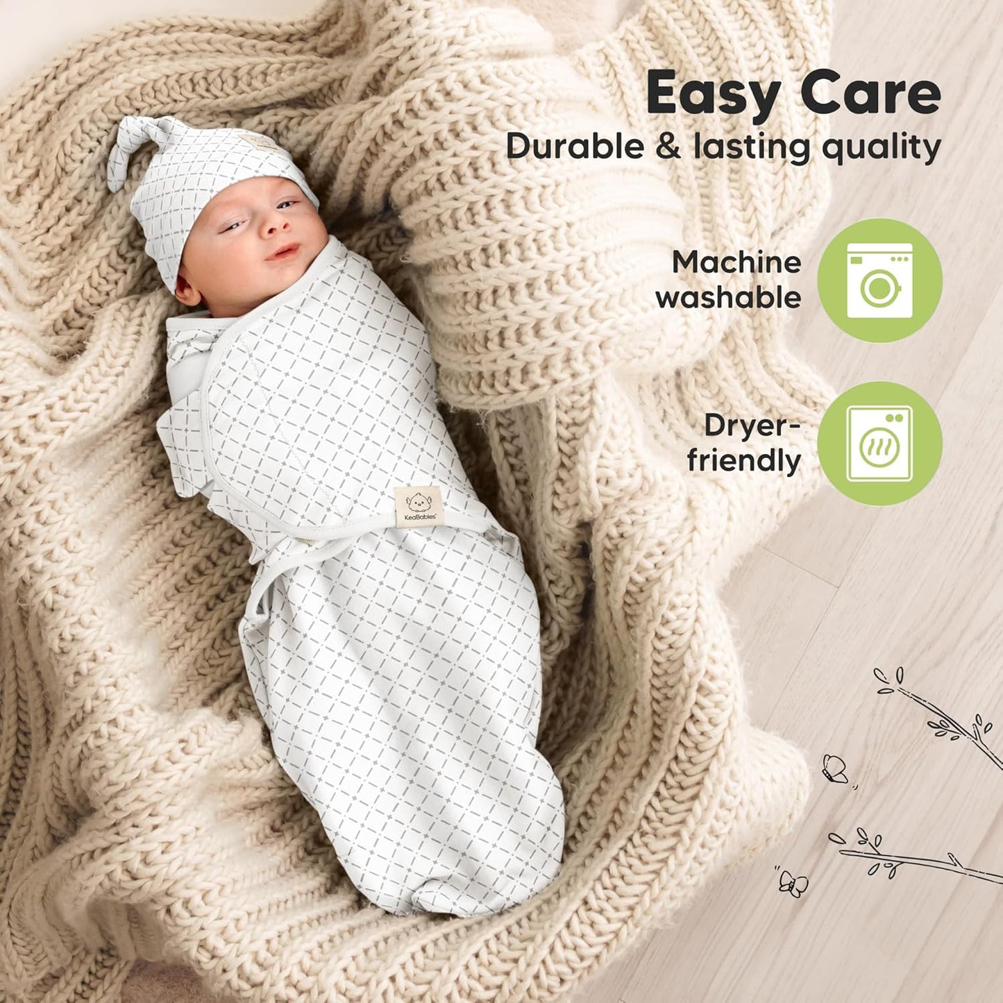KeaBabies 3-Pack Swaddles for Newborns, Girls, Boys with Hats - Organic Soft Baby Sleep Sacks, Breathable Baby Swaddle 3-6 Months Beanies Set, Premie Infant Sleep Sack 0-3 Months (Nordic)