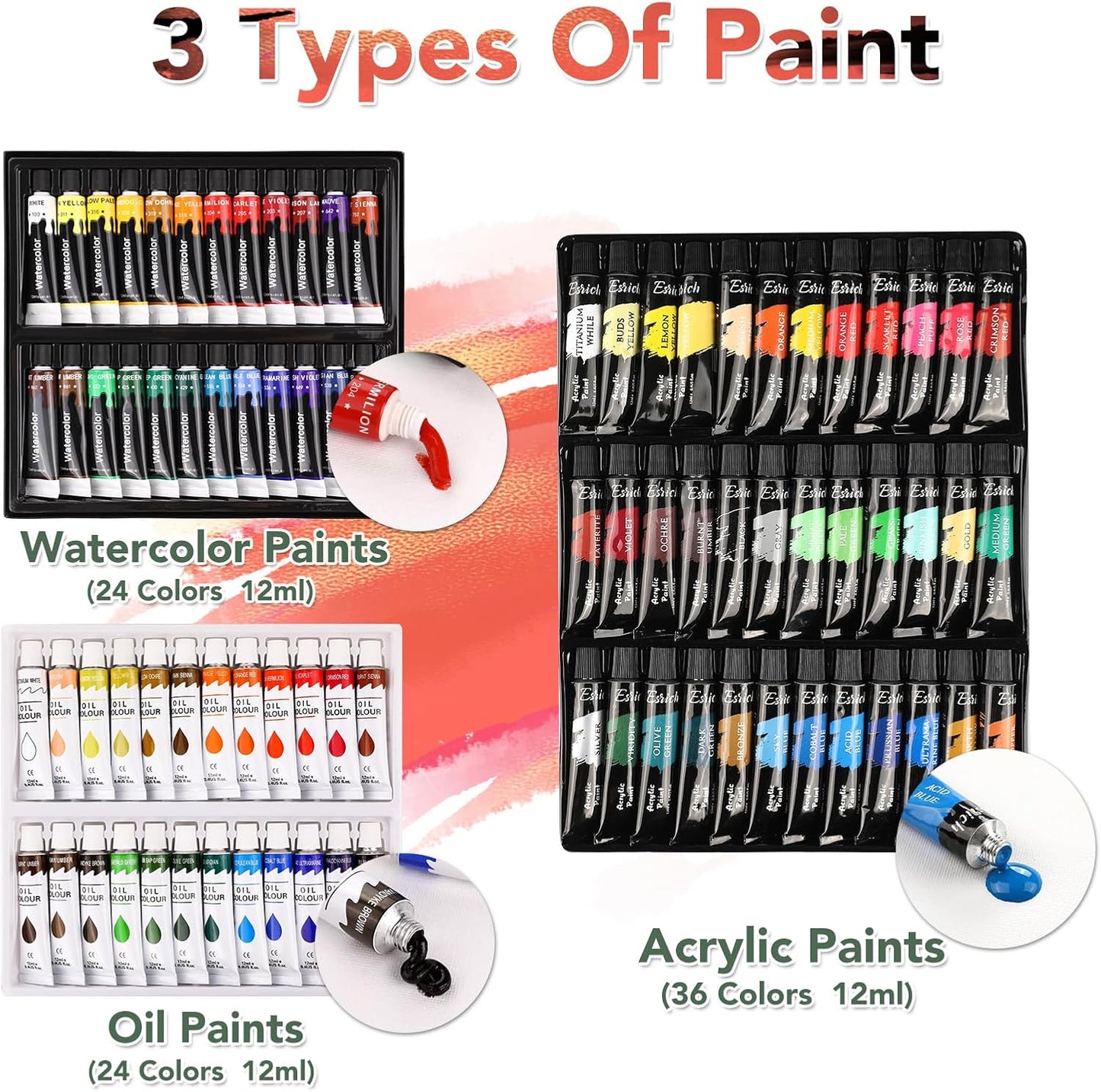 ESRICH 141PCS Deluxe Artist Painting Set, Painting Supplies with 84 Paint(Oil, Watercolor，Acrylic Paint) Metal and Wooden Easels, Canvas, Paper Pads, Paintbrushes etc. for Adults, Kids, Artists