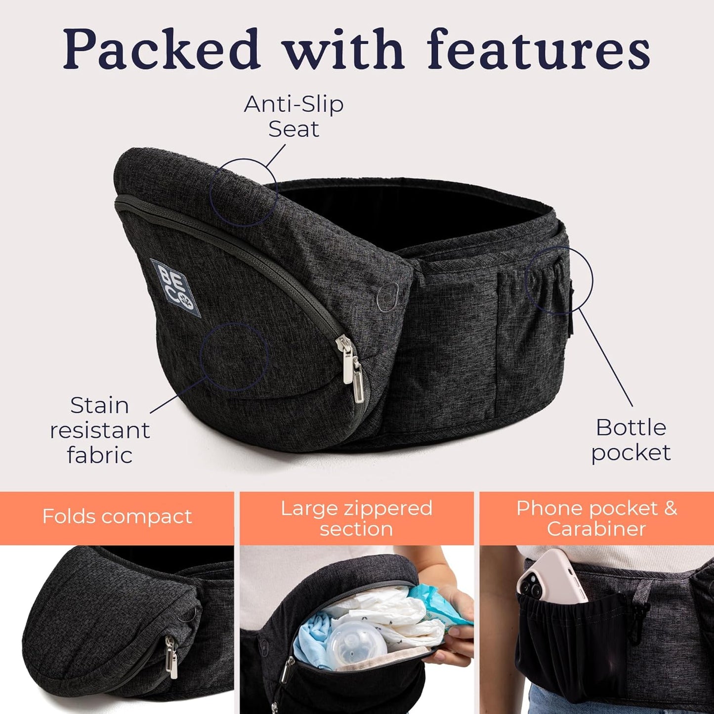 Beco Foldable Hip Seat Carrier - Baby 4-in-1 Easy-to-Use Carrier with Space-Saving Design for Newborn to Toddler (0-36 months/7-32.8 lbs (Black)