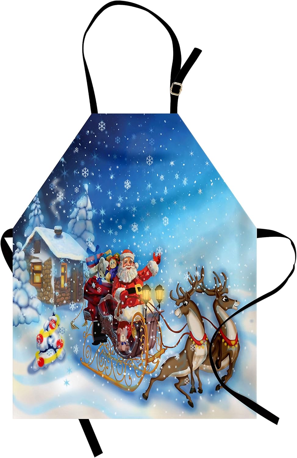 Ambesonne Christmas Apron, Santa in Sleigh Reindeer and Toys Snowy North Pole Tale Fantasy Image, Unisex Kitchen Bib with Adjustable Neck for Cooking Gardening, Adult Size, Navy Blue