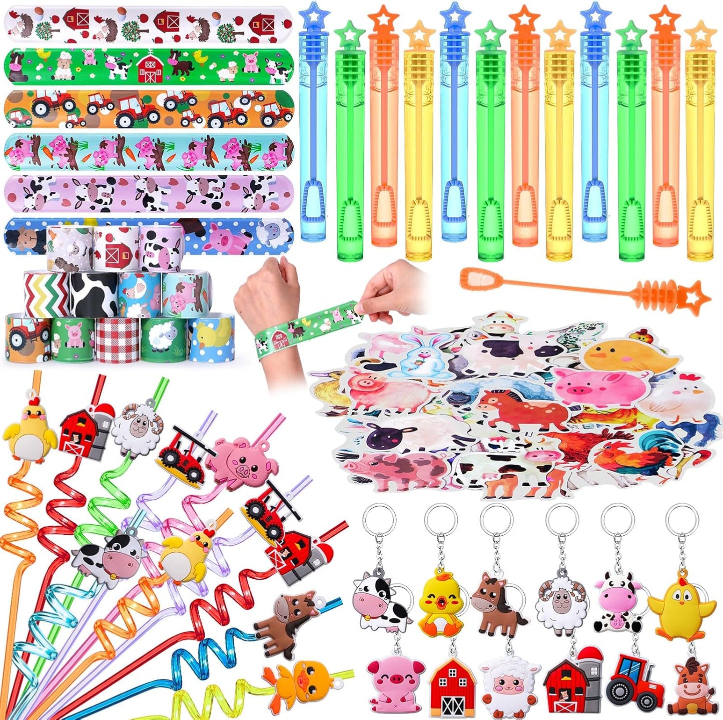 Winrayk 98Pcs Farm Animals Party Favors Barnyard Birthday Supplies, Drinking Straw Mini Bubble Wand Slap Bracelet Keychain Sticker, Goody Bag Stuffer Filler Girl Boy Kids Farm Theme Party Favors Decor