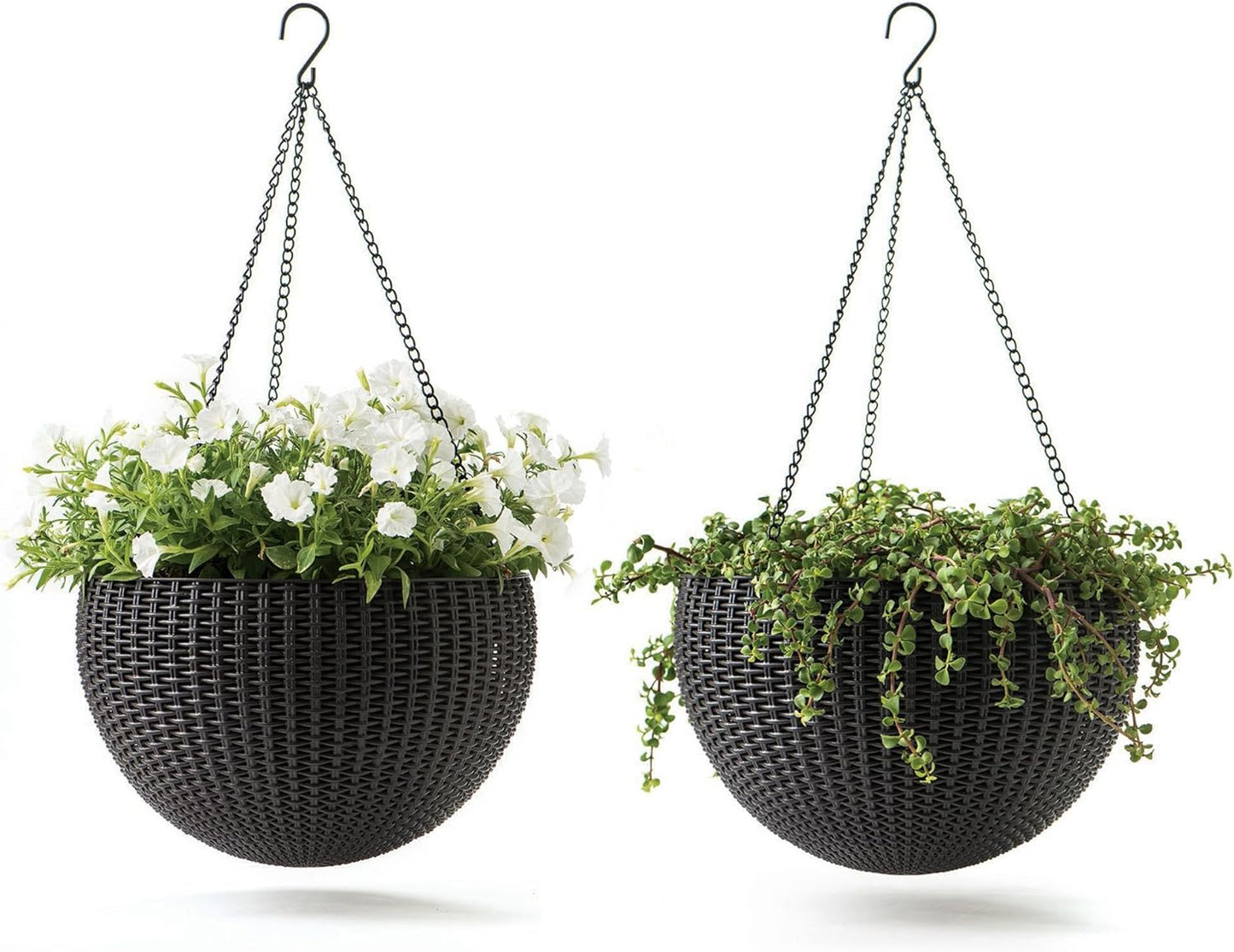 Keter Resin Rattan Set of 2 Round Hanging Planter Baskets for Indoor and Outdoor Plants-Perfect for Porches and Patio Decor, Graphite