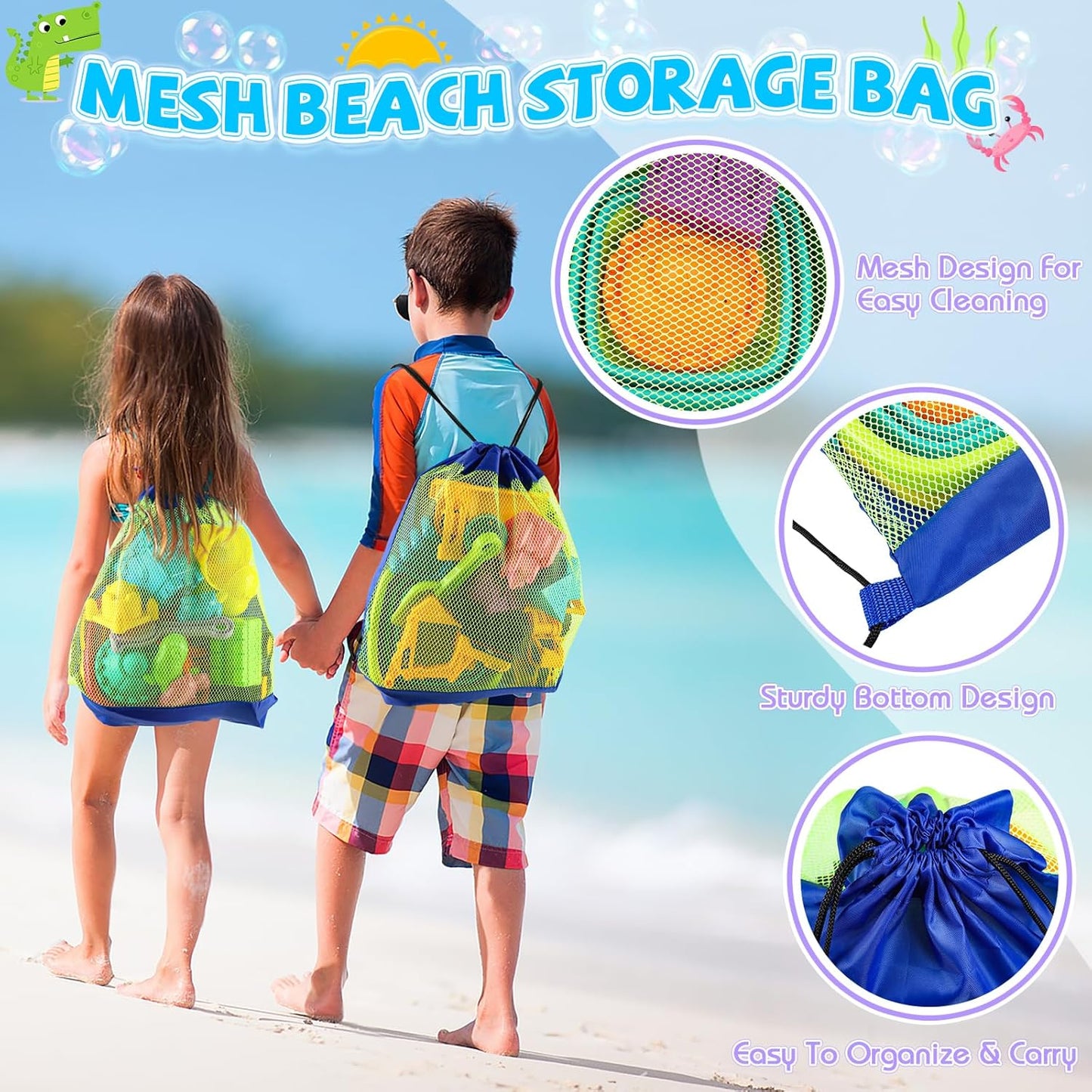 Beach Toys, Sand Toys for Kids Boys and Girls with 4 Beach Construction Vehicles, 4 Collapsible Bucket, Sand Castle Building Kit, Sand Molds, Mesh Bag, Outdoor Toys for Kids Ages 4-8