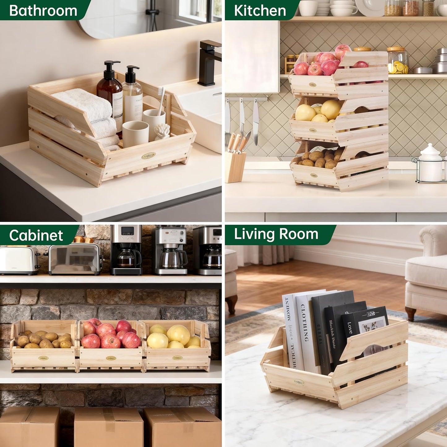 Wood Potato Onion Storage Bins - Wooden Stackable Produce Basket - Fruit Vegetable Storage for Kitchen Pantry Organization, Set 3 Pieces