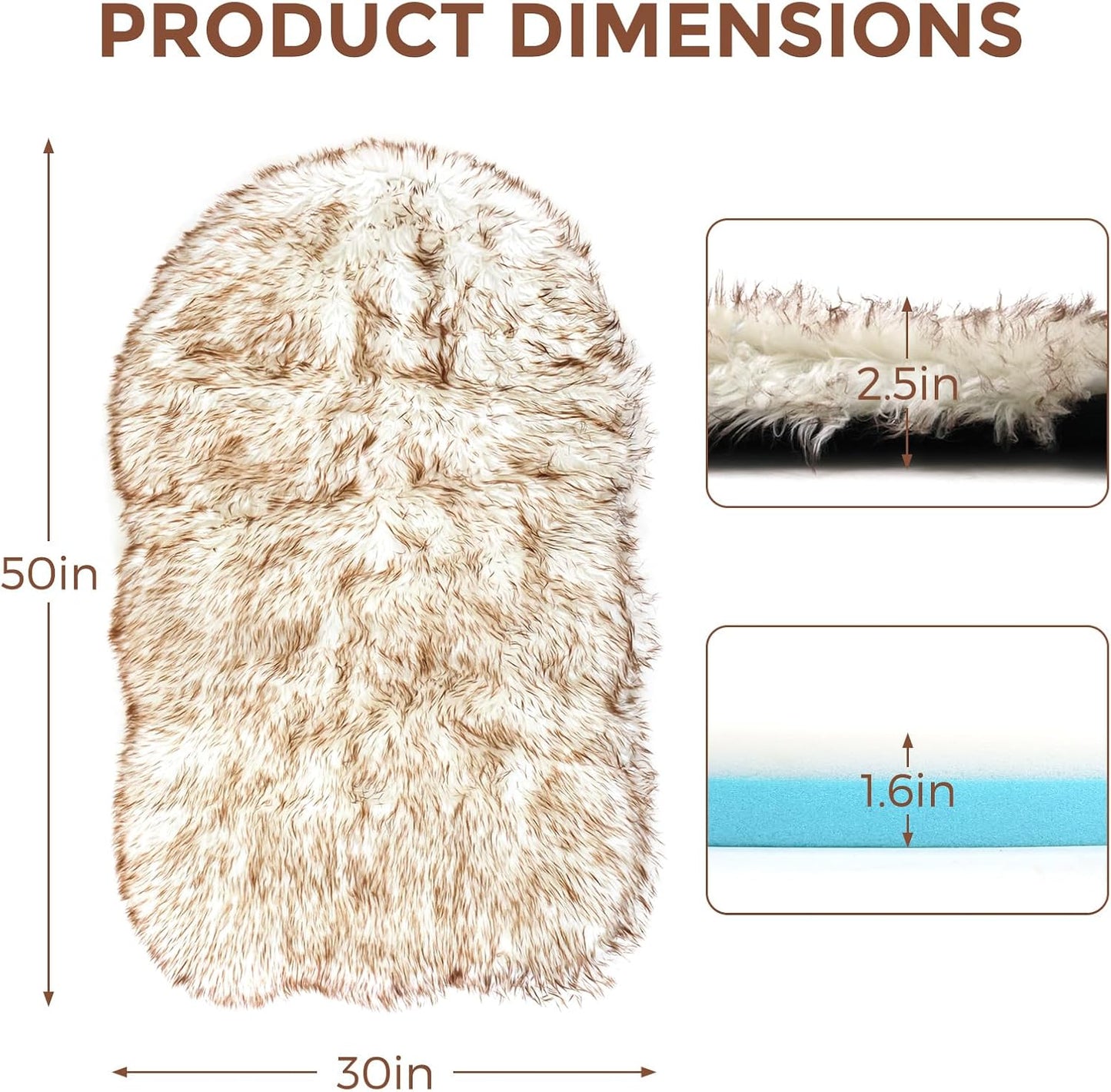50 Inch Faux Fur Dog Bed for Large/Medium Dogs Orthopedic Beds with Fluffy Faux Fur & Soft Memory Foam for Joint Pain Relief, Machine Washable and Waterproof Dog Couch Beds White with Brown