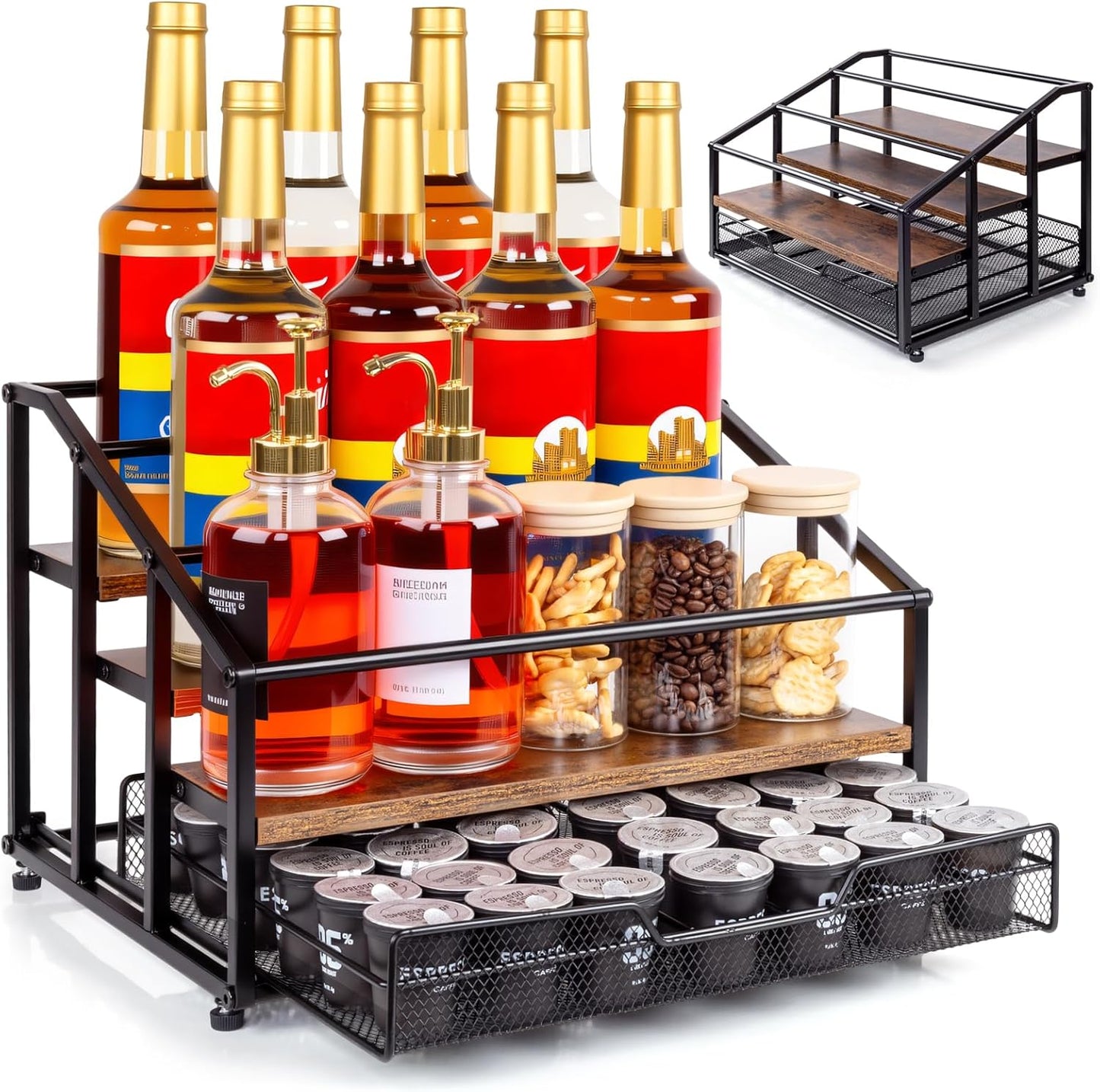 Coffee Syrup Rack Organizer, 4-Tier 12 Bottle Syrup Rack with 35 K Cup Drawer for Coffee Bar, Countertop Bottle Holder Stand for Dressing for Kitchen Cafe Station