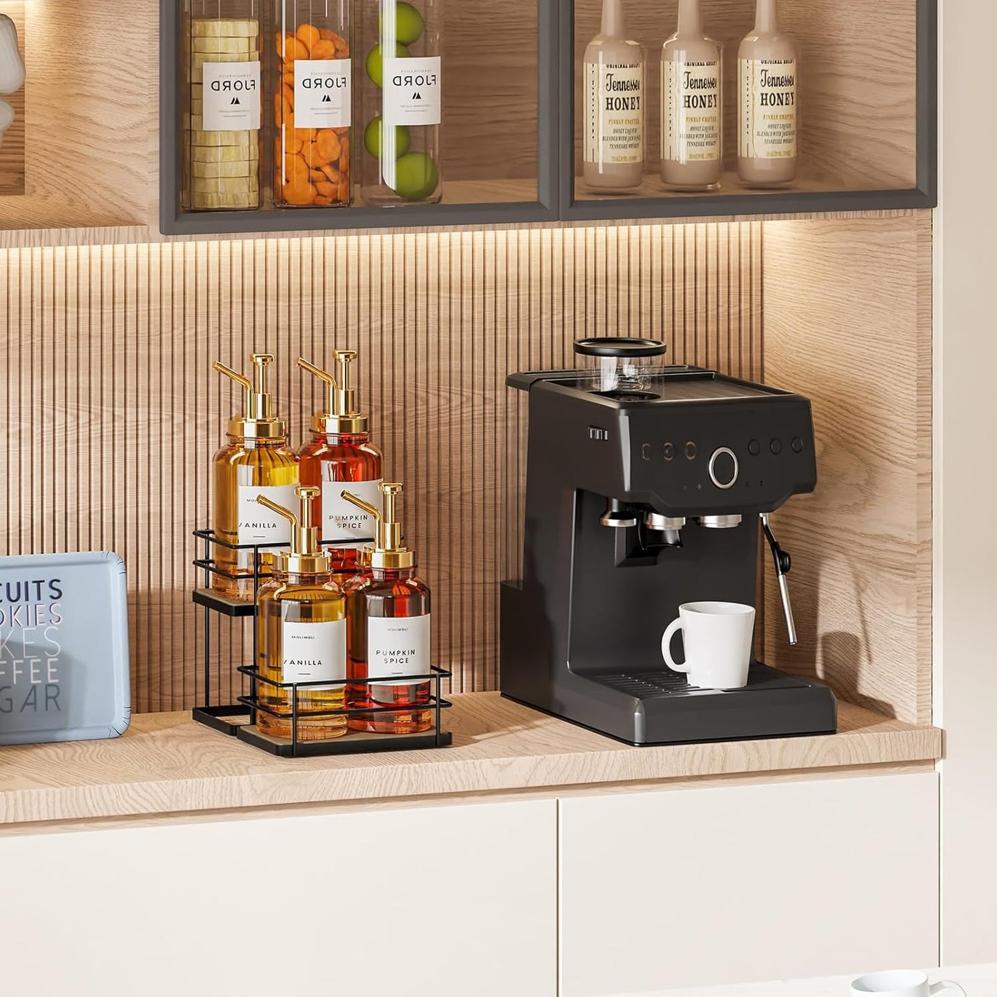 THYGIFTREE Coffee Syrup Rack Organizer 4 Bottle Syrup Holder Stand 2-Tier Storage Shelves for Kitchen Coffee Bar Station