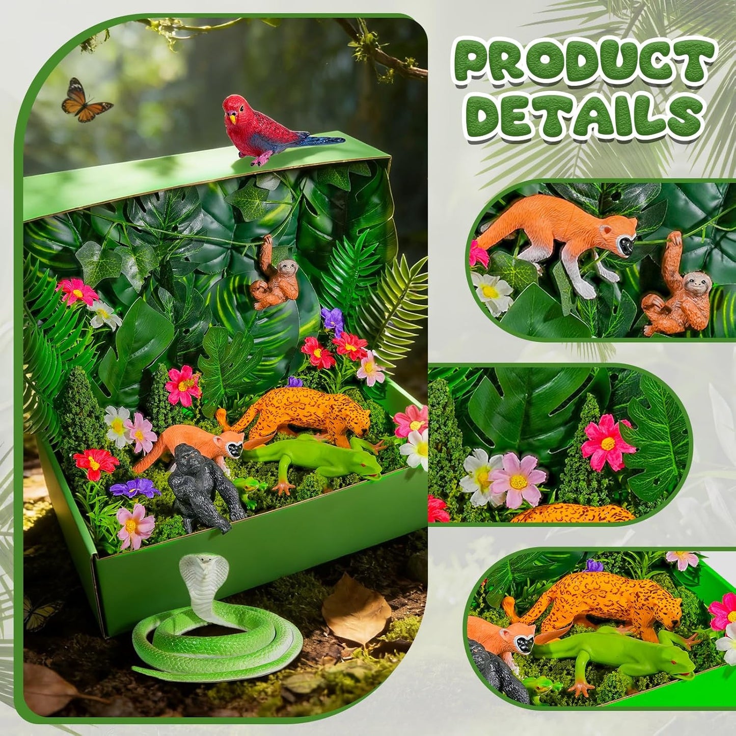 Warmtree 57 Pcs Rainforest Diorama Kit Forest Animals Figures Assorted Creatures Rainforest Diorama Supplies Animals Model Trees for Rainforest Cake Topper Birthday Party DIY Craft Projects