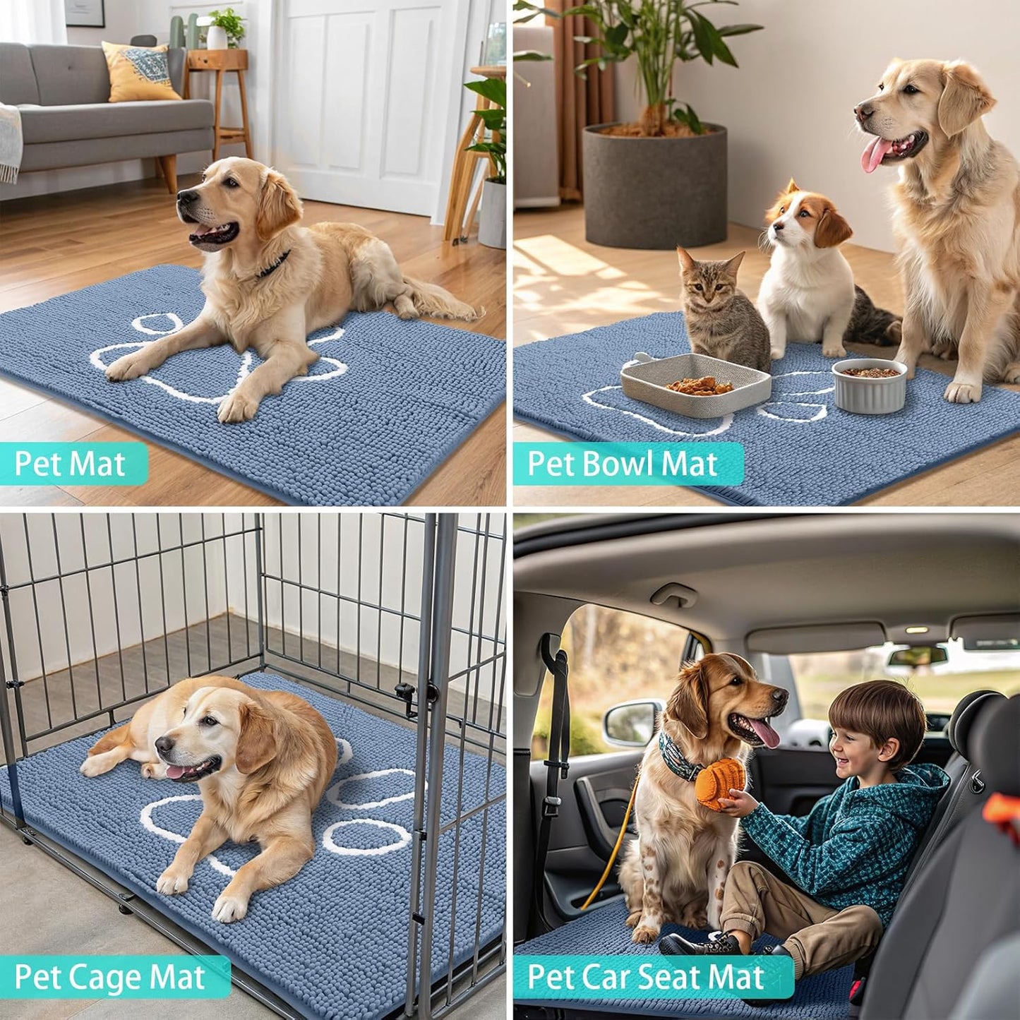 Smiry Dog Door Mat for Muddy Paws, Absorbent Dirt Trapper Non Slip Quick Dry Washable Chenille Mat for Mud Dogs, Entry Rug for Indoor and Outdoor (36x24 Inches, Airy Blue and White)