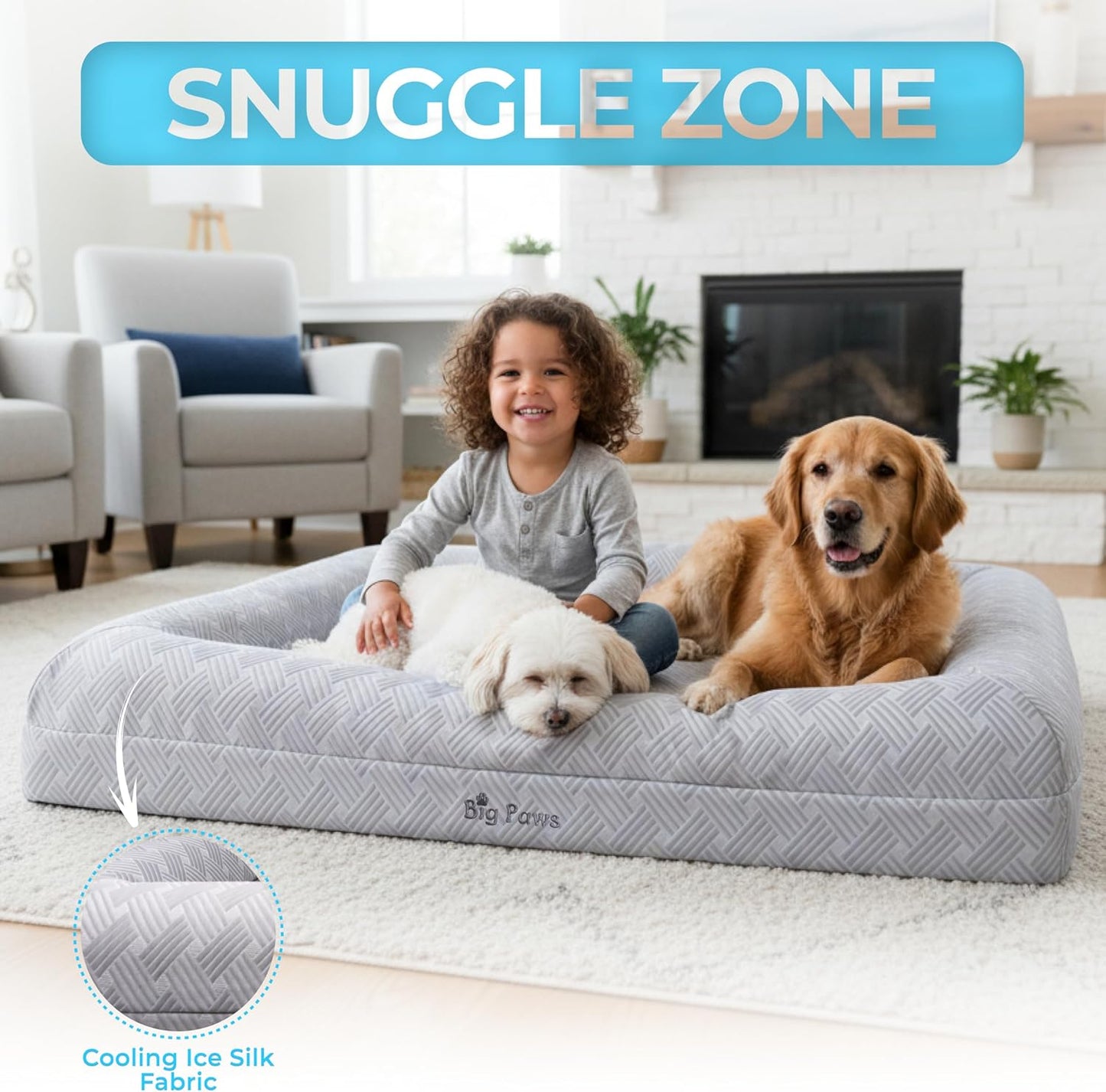 Big Paws Cooling Orthopedic Dog Bed for XL & Senior Dogs + Enclosed Support, High-Density Memory Foam, Waterproof Liners, Washable Cover