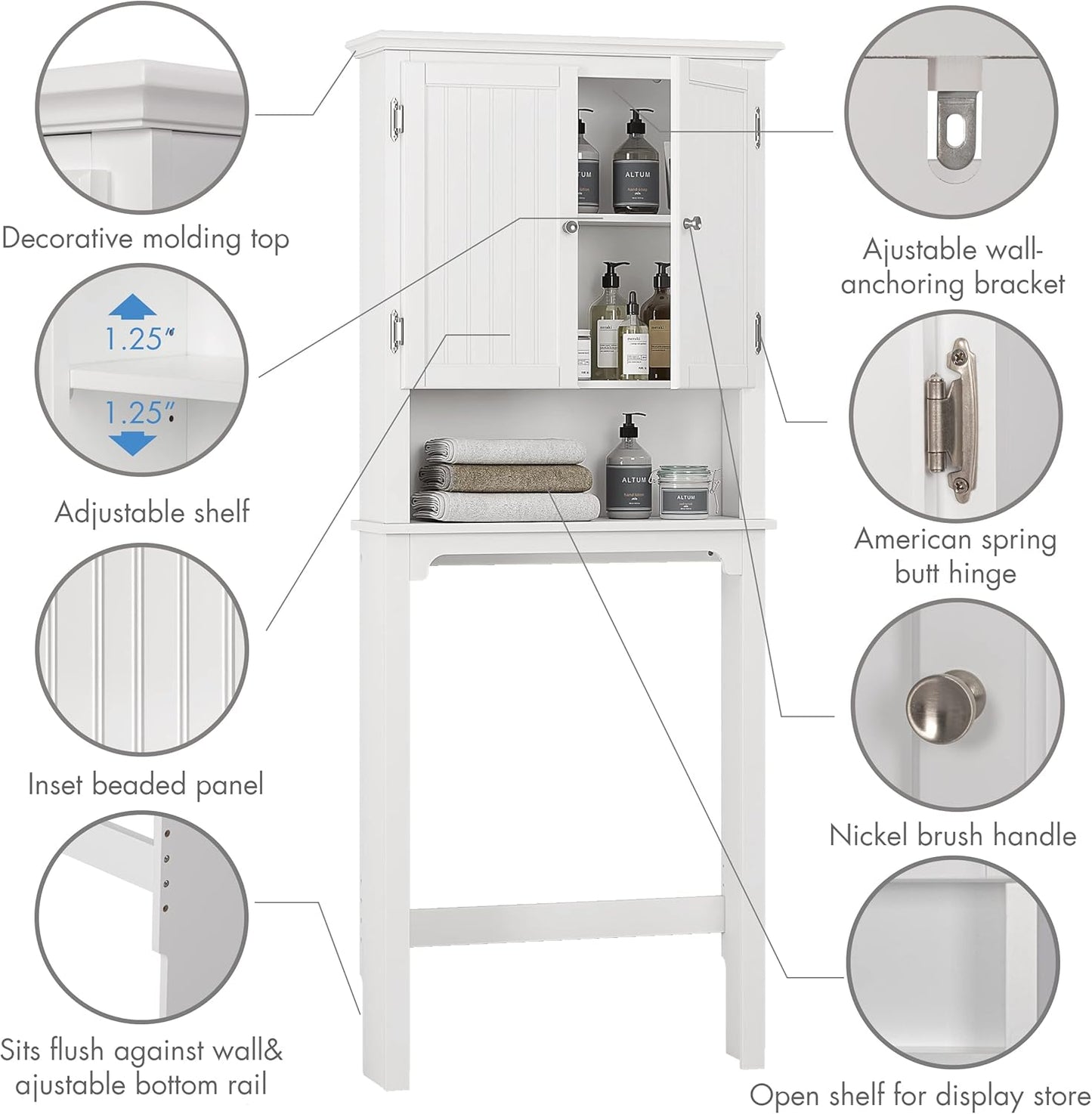 UTEX Over The Toilet Storage Cabinet, Over Toilet Bathroom Organizer with Adjustable Shelves and Double Doors, White