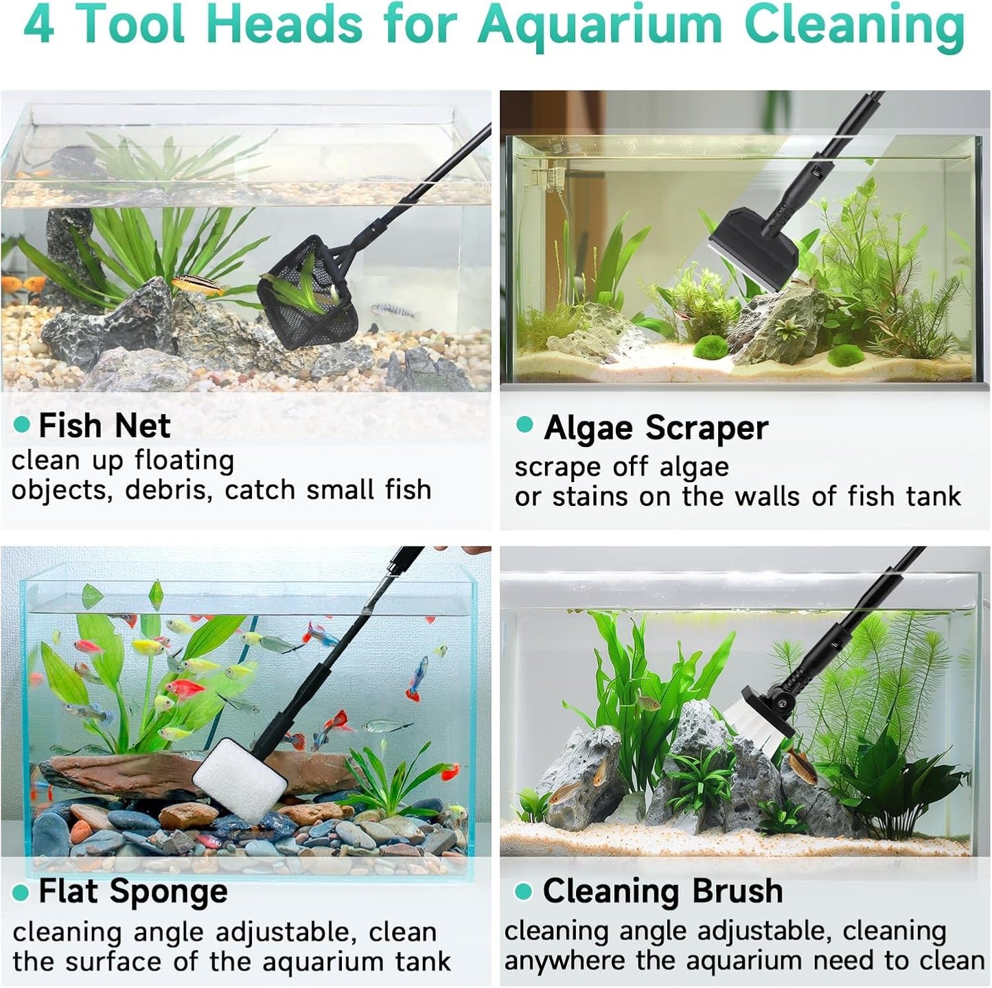 hygger Small Aquarium Cleaning Tools, 4 in 1 Fish Tank Cleaner Kit with Handle,Fish Net,Algae Scraper,Clean Brush,Flat Sponge