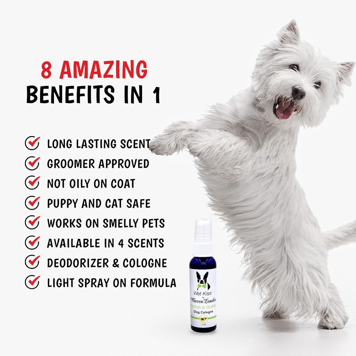 Warren London - Wet Kiss Dog Cologne, Long Lasting Dog Spray, Dog Deodorant to Remove Odor from Stinky Dogs, Papaya & Guava, 2 Ounce Bottle
