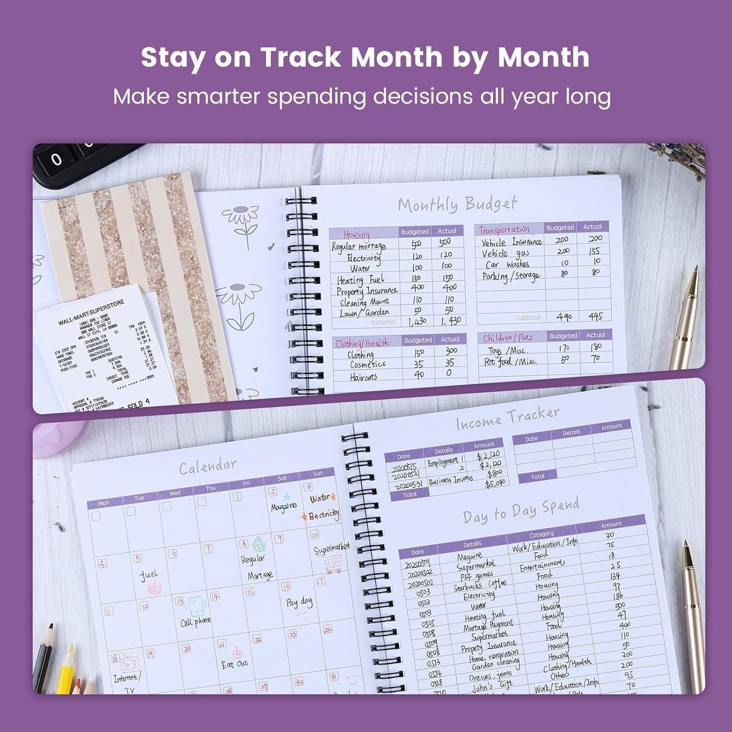 Monthly Budget Planner Book (Undated) with 12 Pockets for Income, Debt, Saving, Expense and Bill Tracker Organizer, Purple, Spiral Design