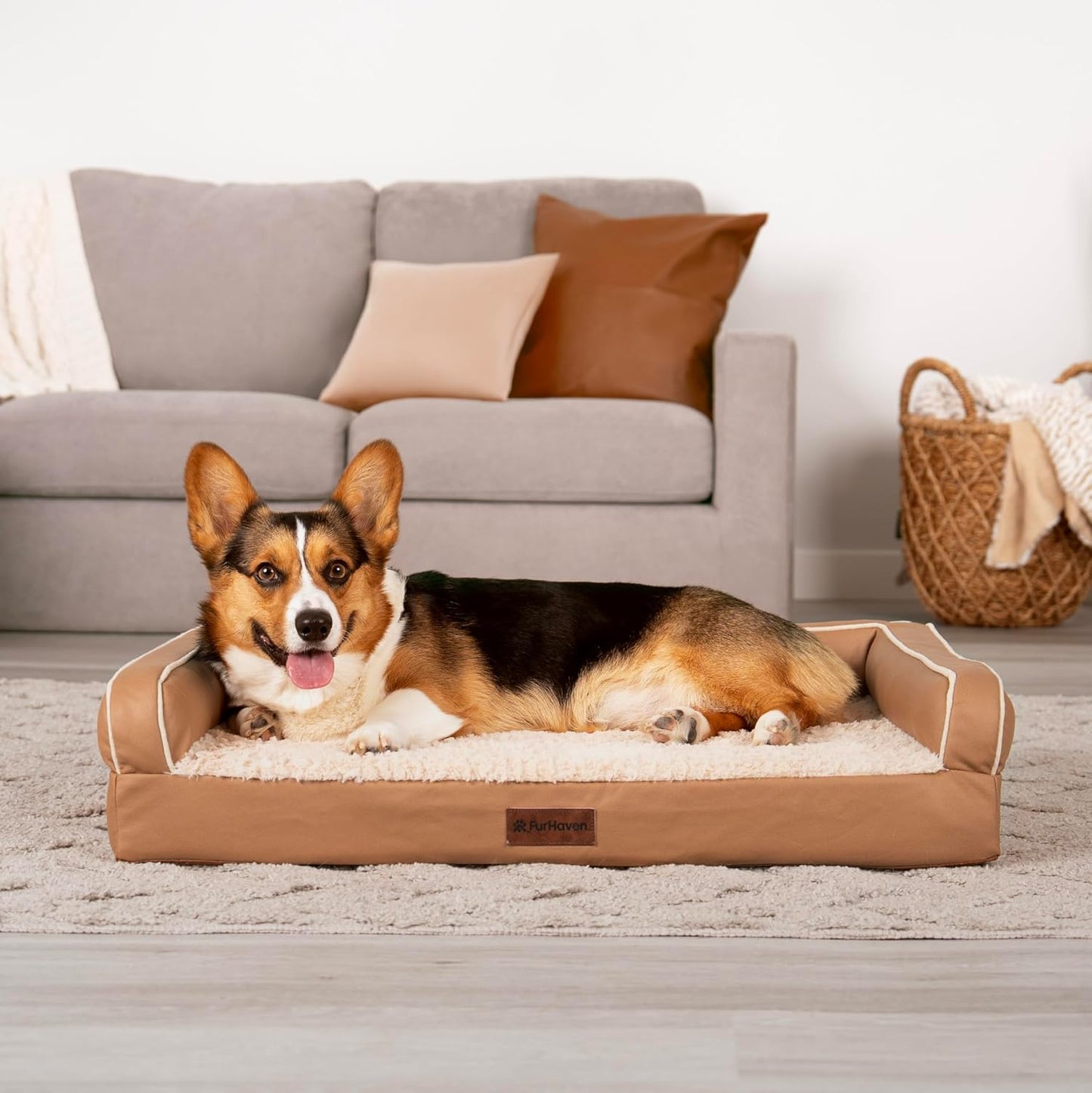 FurHaven Textured Plush & Coated Polyester Solid Core Modern Sofa Pet Bed, Camel, Medium
