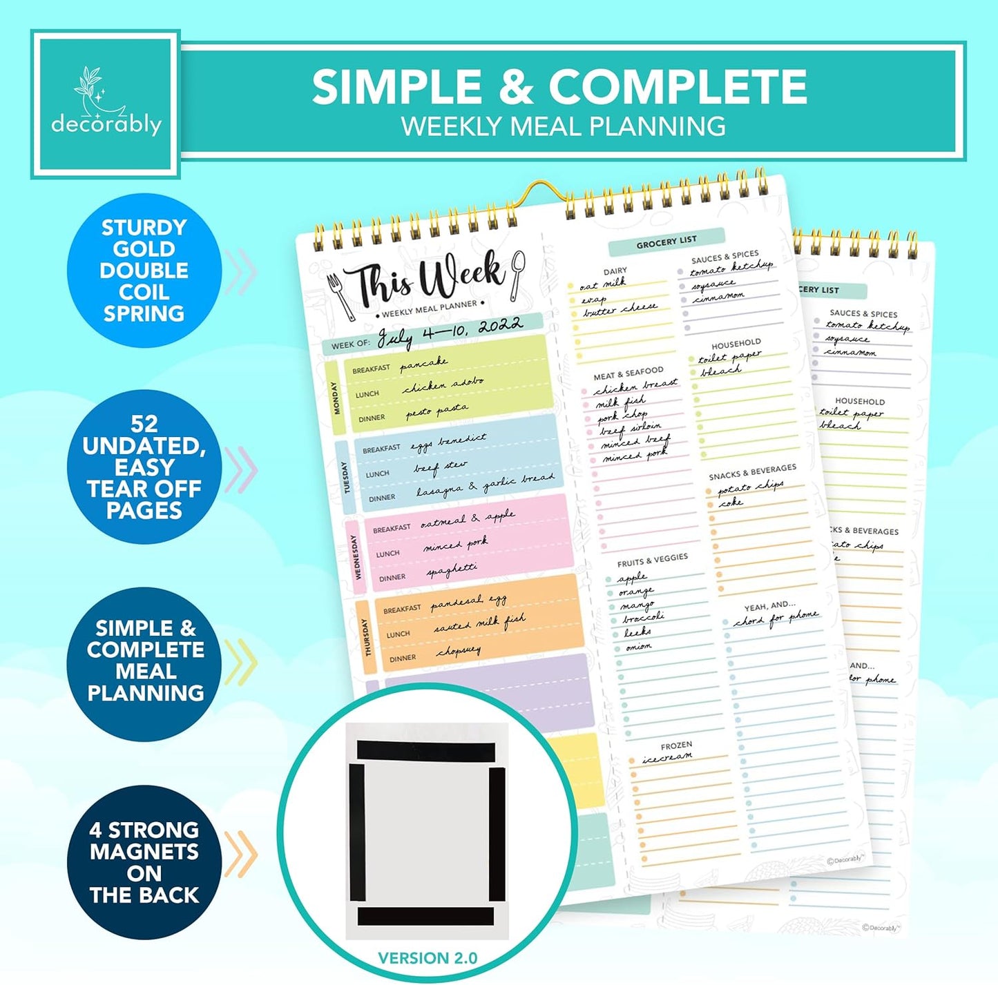 Decorably 52 Sheets Pastel Undated Magnetic Weekly Meal Planner and Grocery List Notepad with 4 Strong Magnets - 8.5x11in Spring-Bound, Refrigerator Mountable, Easy Tear-Off Design