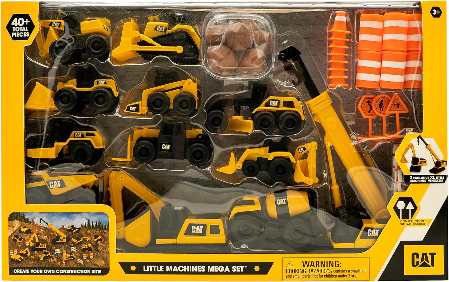 CAT Construction Toys, Little Machines Mega Set – 40+ Pieces with XL Crane & Excavator, 10 Mini Vehicles, Road Signs, Cones, Boulders & Barricades, Indoor/Outdoor STEM Toy for Kids Ages 3 +