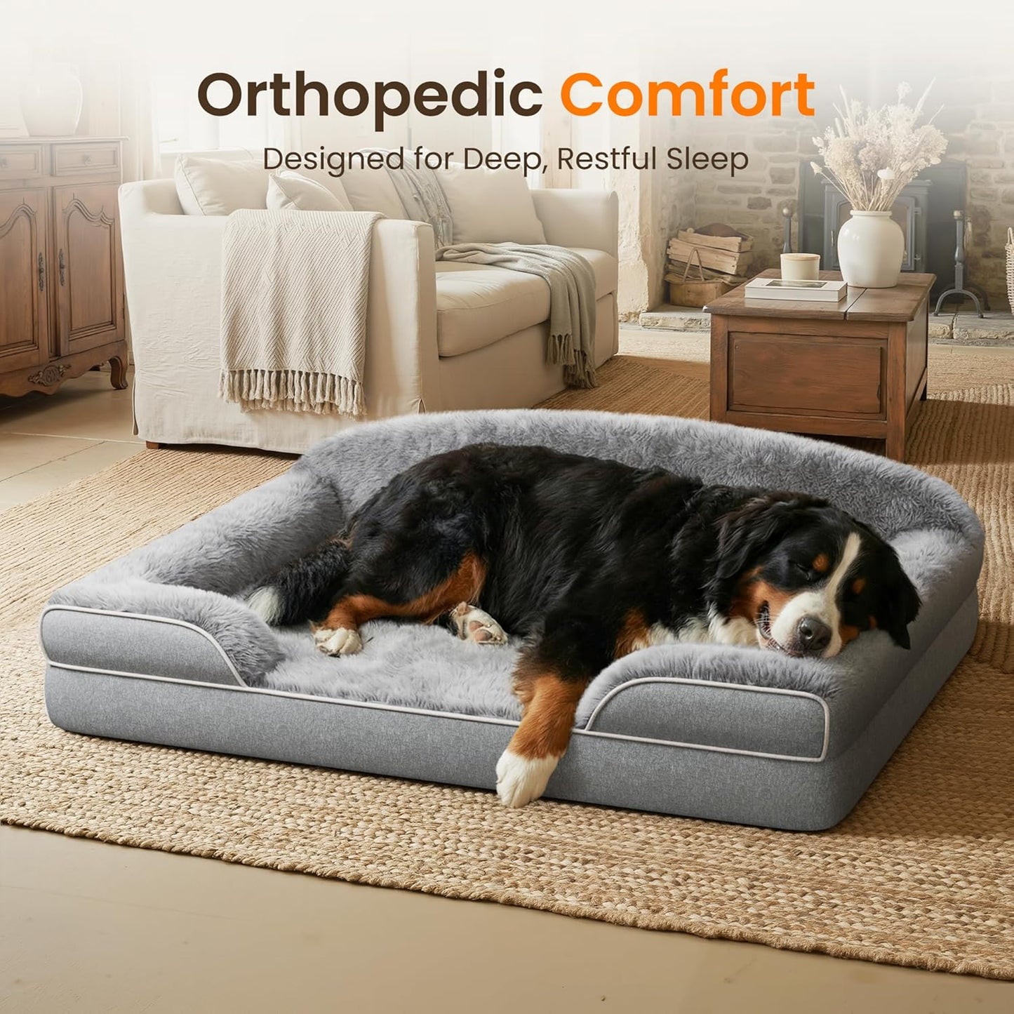 Orthopedic Dog Bed for Giant Breeds & Multiple Dogs, 53 x 42 Inch Waterproof Memory Foam XXXL Super Jumbo Dog Bed with Sides, Washable Removable Cover, Dark Grey