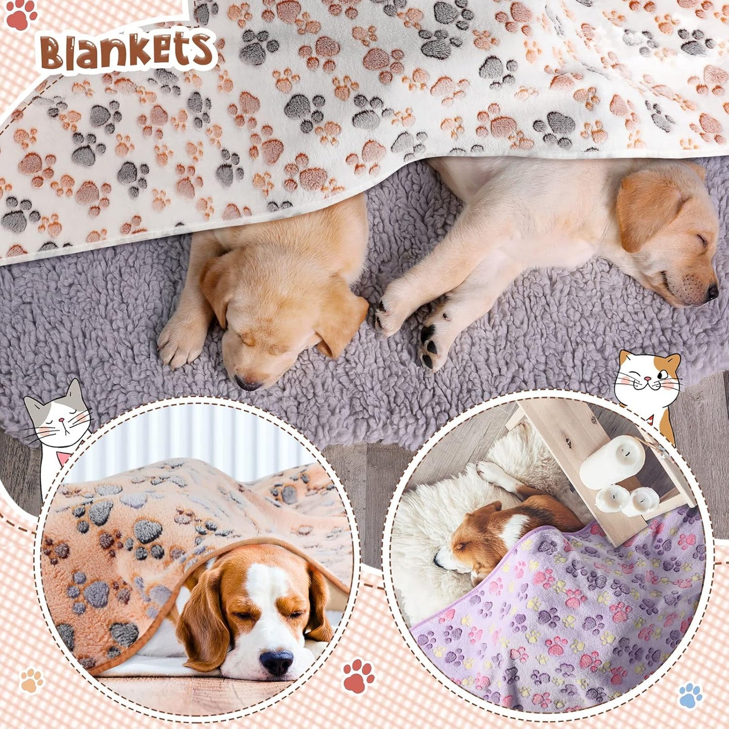 Tatuo 4 Pcs Dog Blanket for Pet Cat Blankets Indoor Puppy Teething Stuff Toys Paw Print Fleece Soft Blanket Sleep Mat for Guinea Pig Cage(White, Coffee, Pink, Purple,XX-Large(40 x 63 Inch),Square)