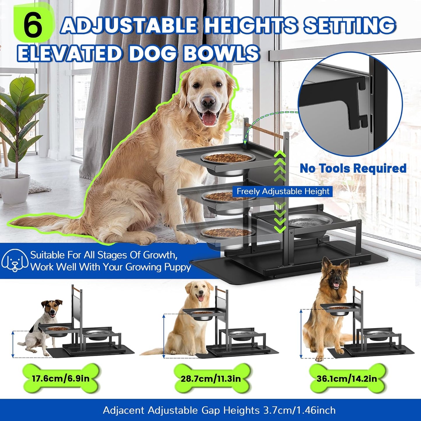 Elevated Dog Bowls with2 Stainless Steel Bowls, Adjustable Raised Dog Bowl Stand Holders with Non-Slip Mat, Metal Water Feeder for Medium,Large Puppy
