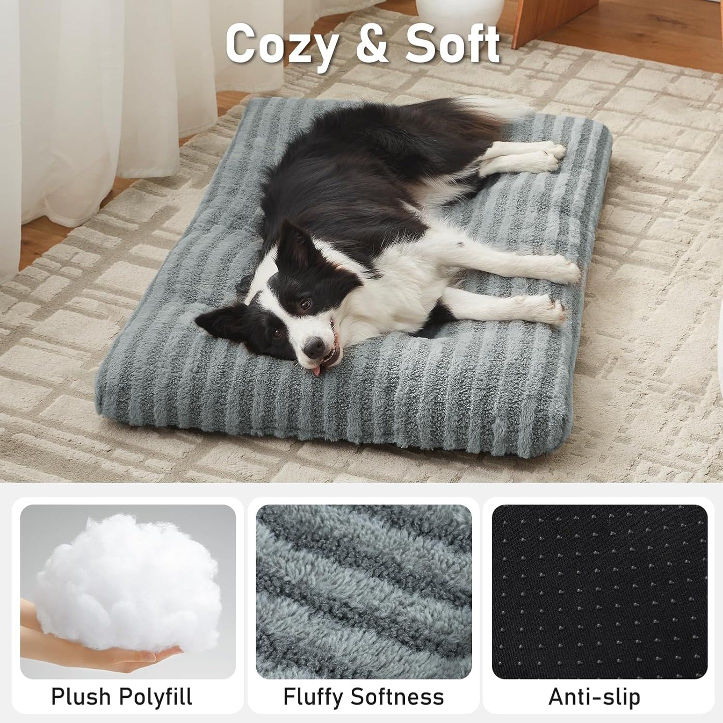 FURTIME Washable XXL Dog Bed for Extra Large Dogs, Giant Deluxe Dog Crate Beds Comfy Fluffy Kennel Pad Anti-Slip Pet Sleeping Mat, Machine Washable Dogs Pillow, 47"x29"x4", Gray
