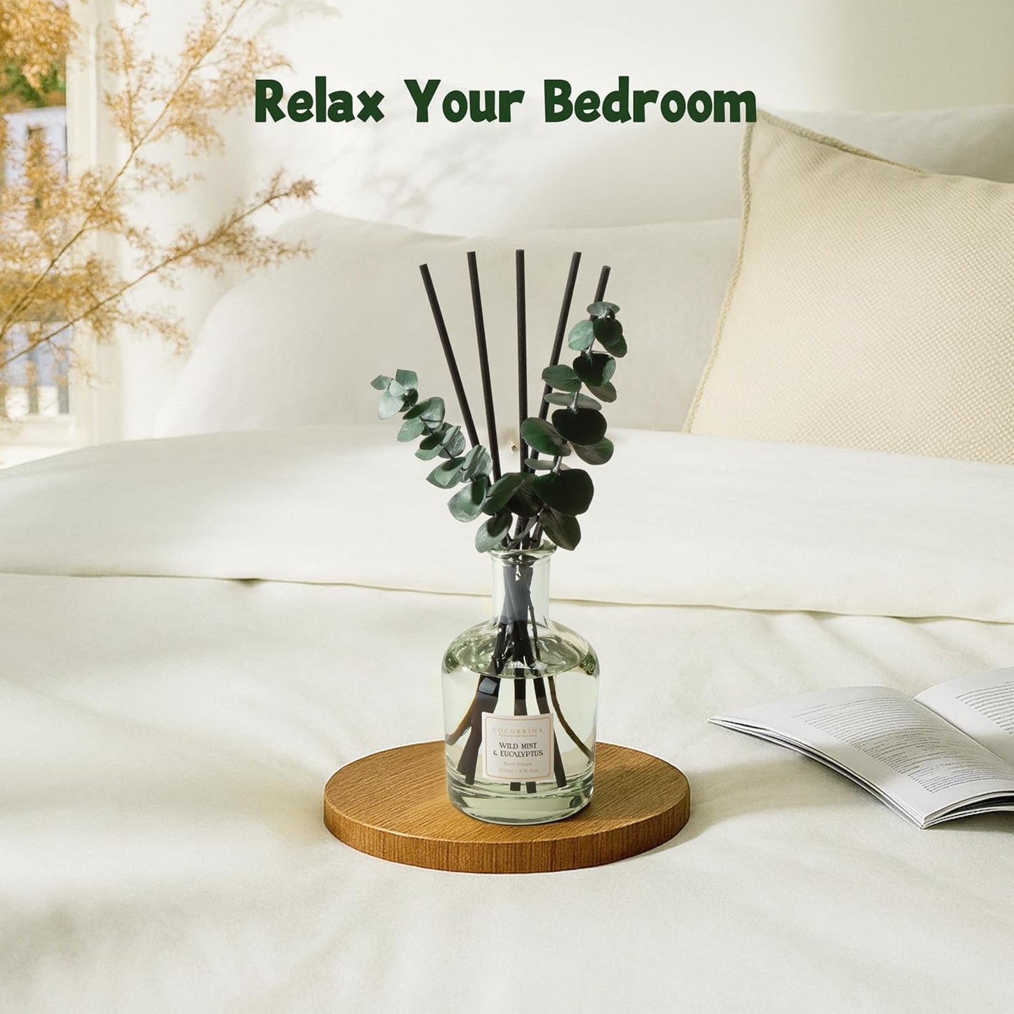 COCORRÍNA Eucalyptus & Wild Mint Reed Diffuser – 6.76 oz Essential Oil with 8 Reeds & Real Eucalyptus Sticks, Home Fragrance for Bedroom or Bathroom Décor