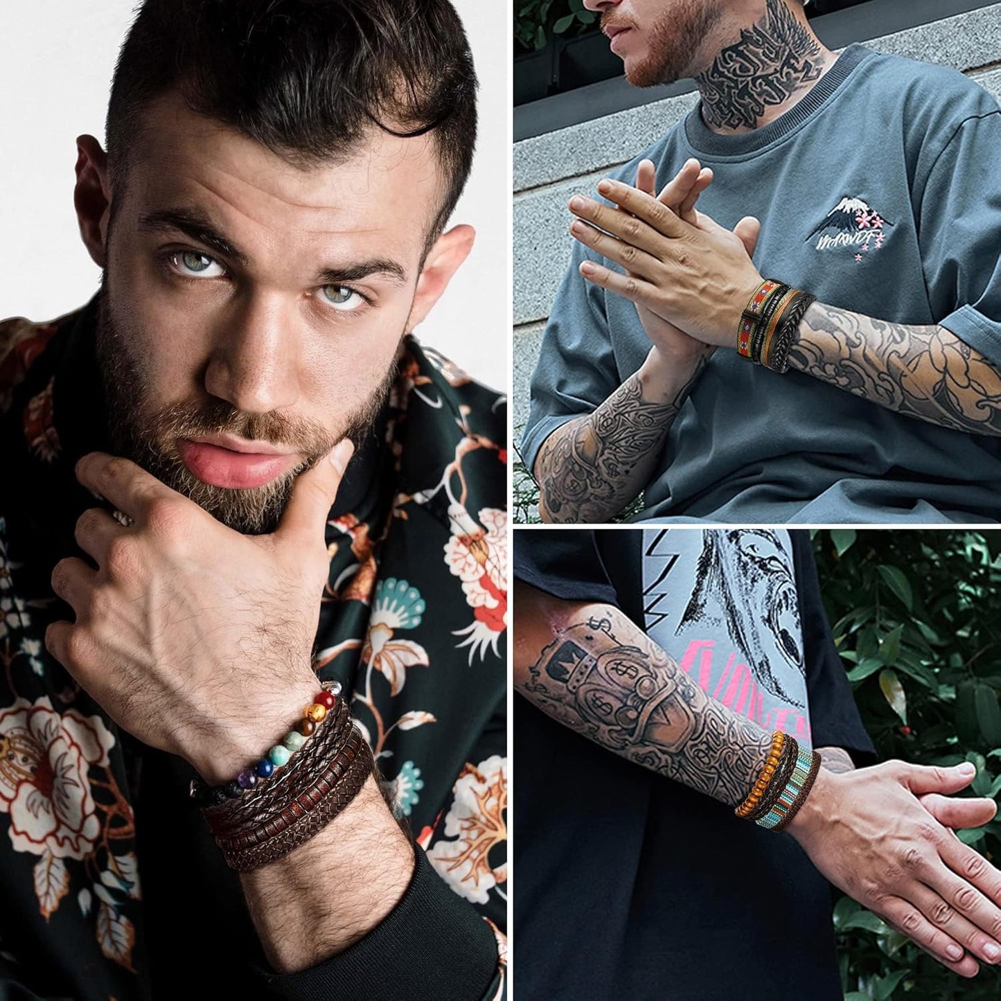 FIBO STEEL 31 Pcs Braided Leather Bracelets for Men Women Wooden Beads Cool Hemp Tribal Wristbands Cuff Punk Multilayered Bracelets