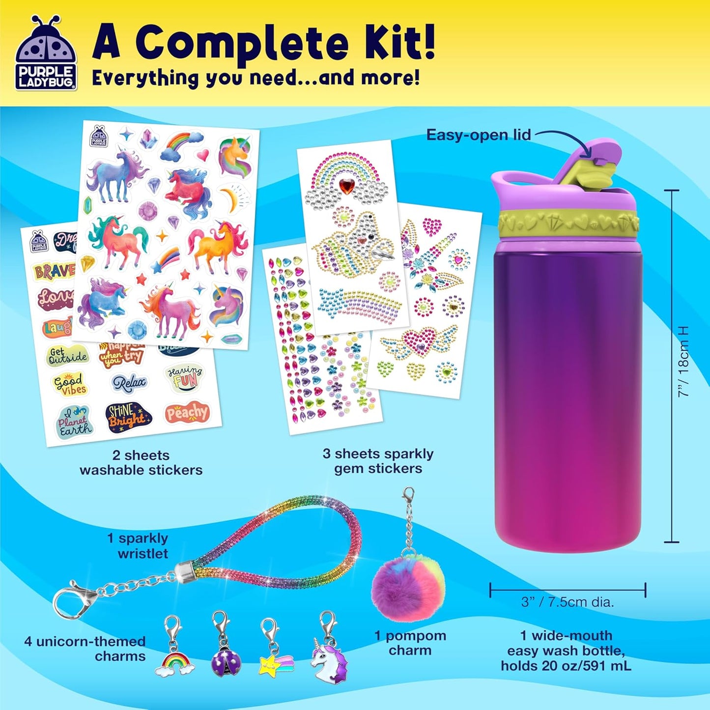 PURPLE LADYBUG Decorate Your Own Water Bottle Kit for Girls - Easter Gifts for Kids Gifts for Ages 5 6 7 8 9 10 Year Old Girl Birthday, Unicorn Toys Crafts Kids Ages 6-12